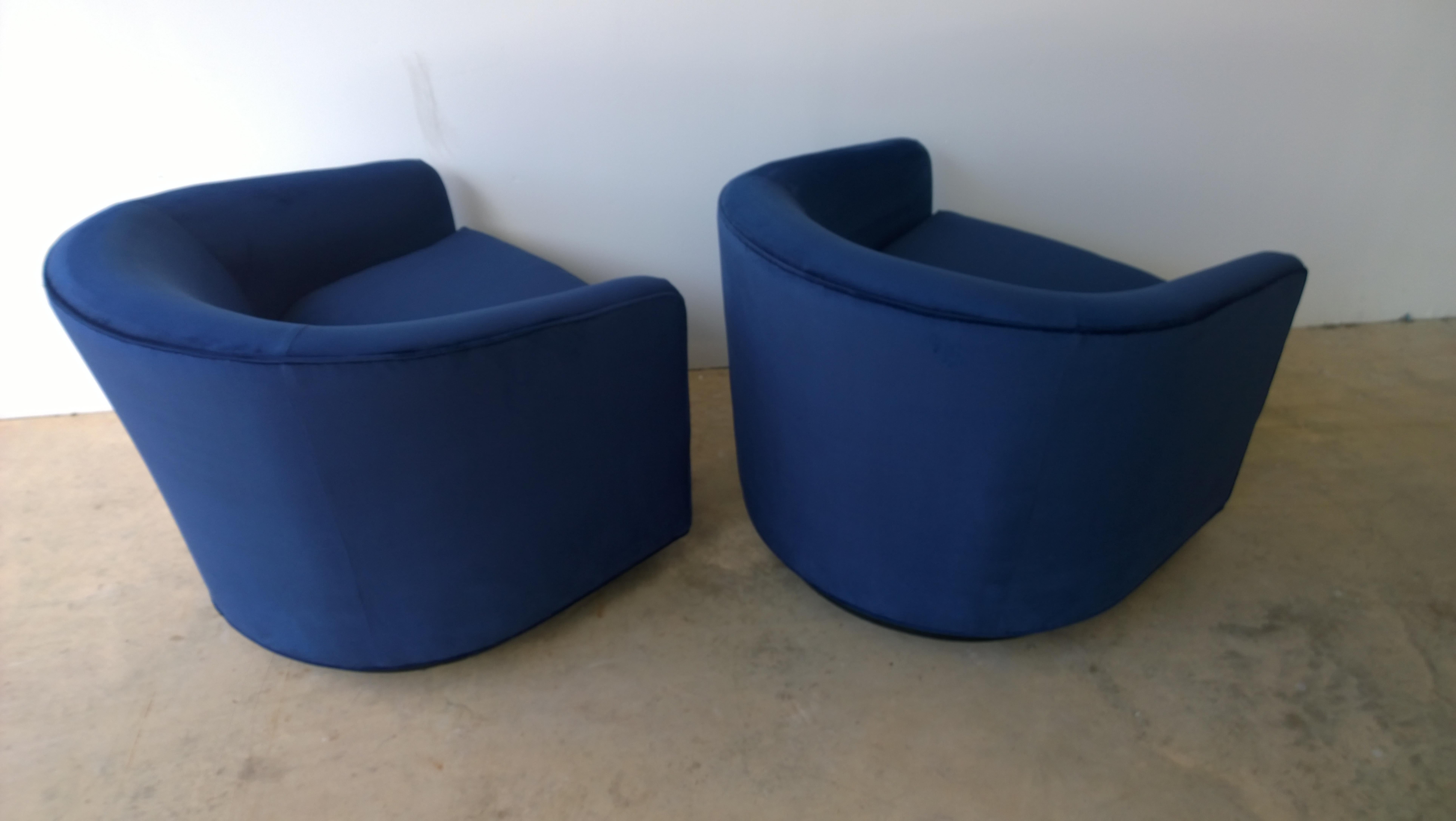 Pair of Baughman Style New Blue Cotton Velvet Swivel Chairs w/ Ebony Wood Bases For Sale 5