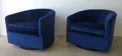 Pair of Baughman Style New Blue Cotton Velvet Swivel Chairs w/ Ebony Wood Bases