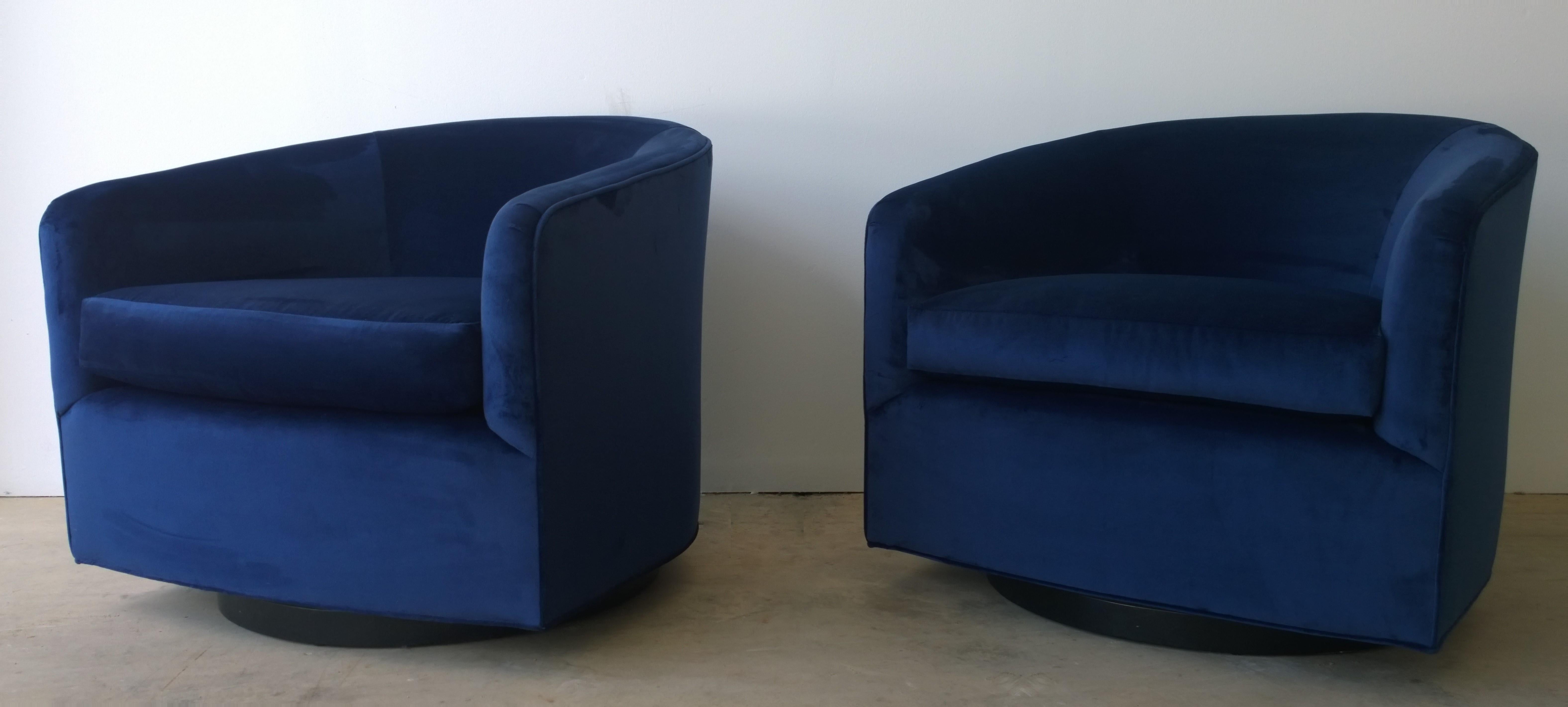 Mid-Century Modern Pair of Baughman Style New Blue Cotton Velvet Swivel Chairs w/ Ebony Wood Bases For Sale