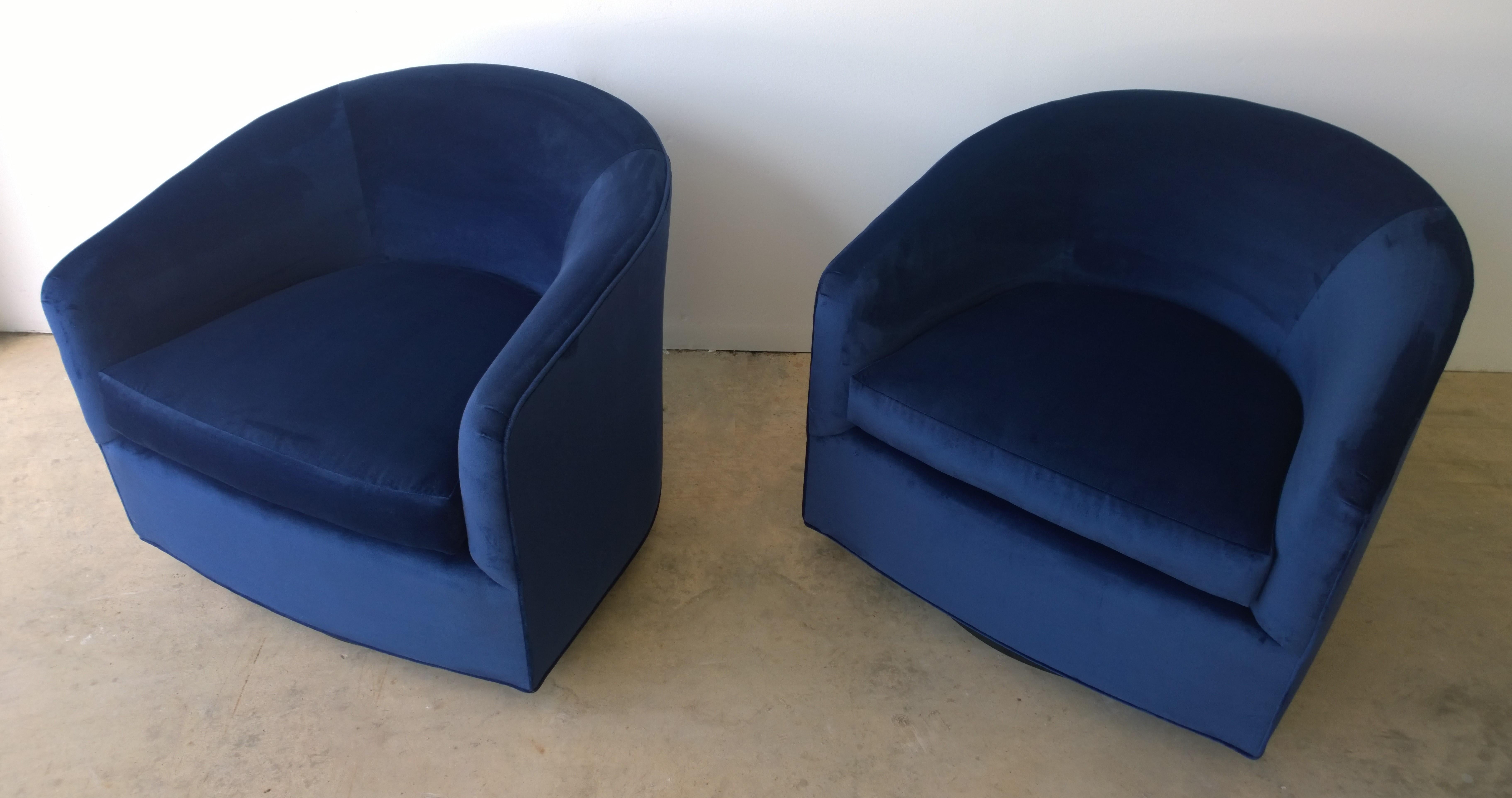 American Pair of Baughman Style New Blue Cotton Velvet Swivel Chairs w/ Ebony Wood Bases For Sale