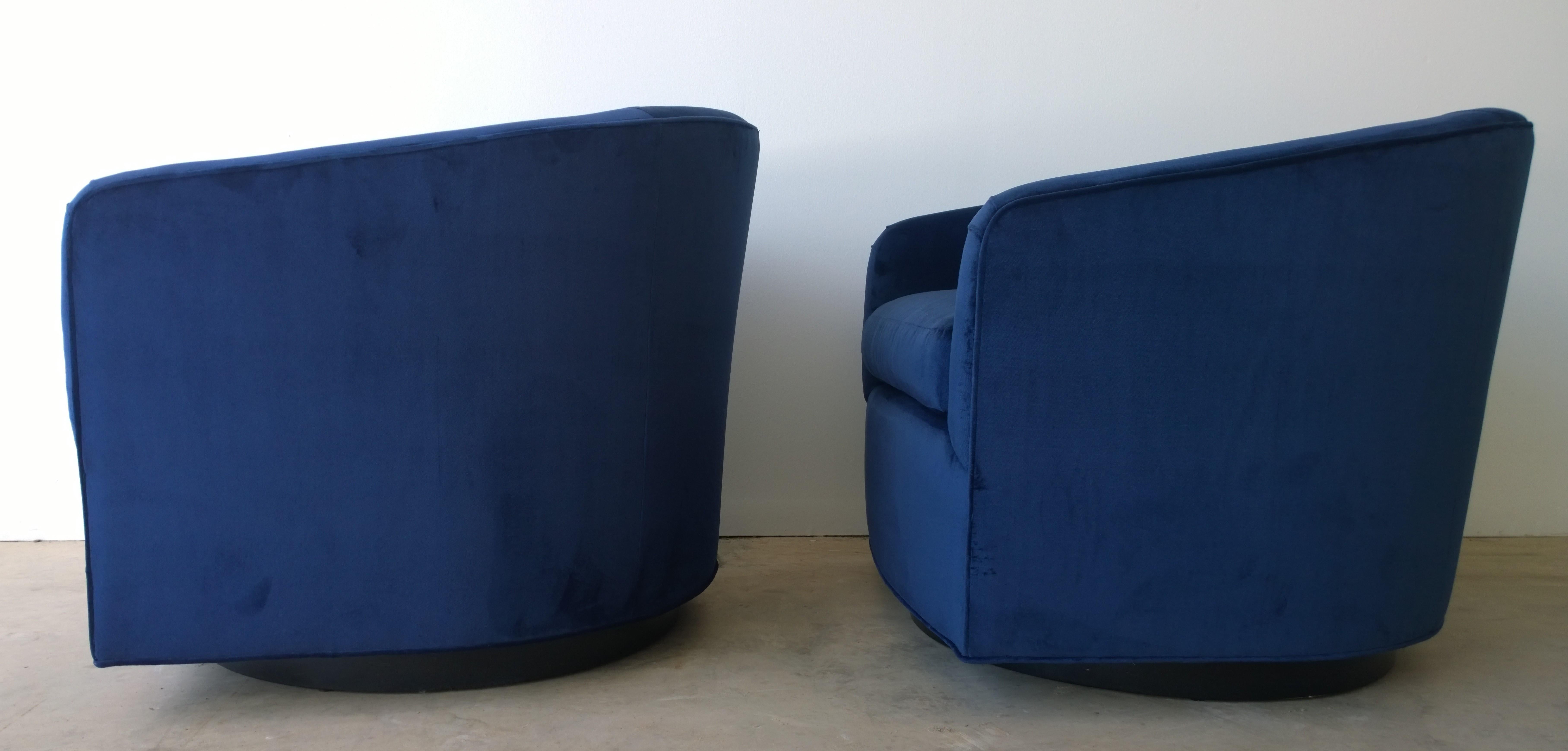 Ebonized Pair of Baughman Style New Blue Cotton Velvet Swivel Chairs w/ Ebony Wood Bases For Sale