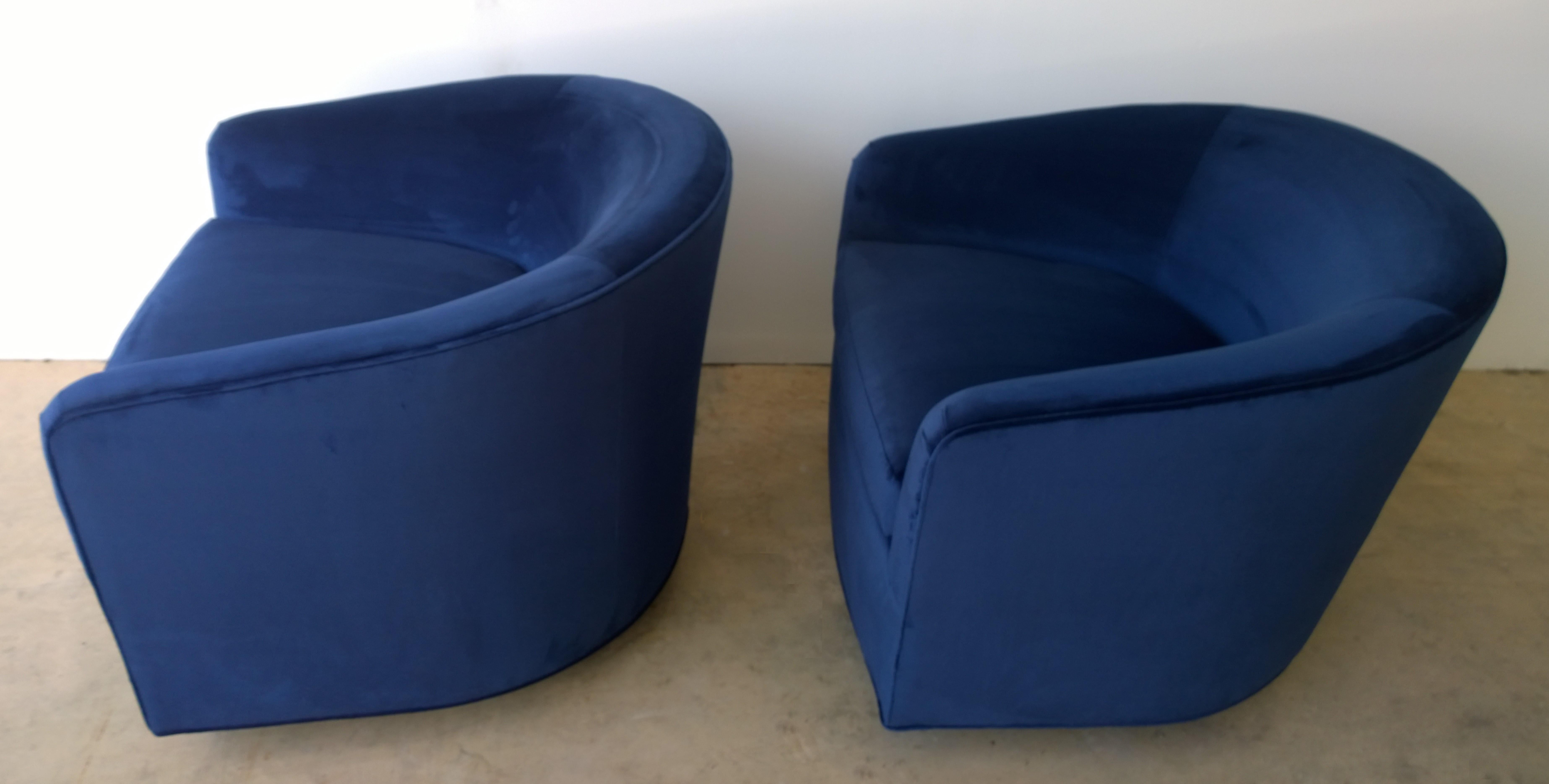 20th Century Pair of Baughman Style New Blue Cotton Velvet Swivel Chairs w/ Ebony Wood Bases For Sale