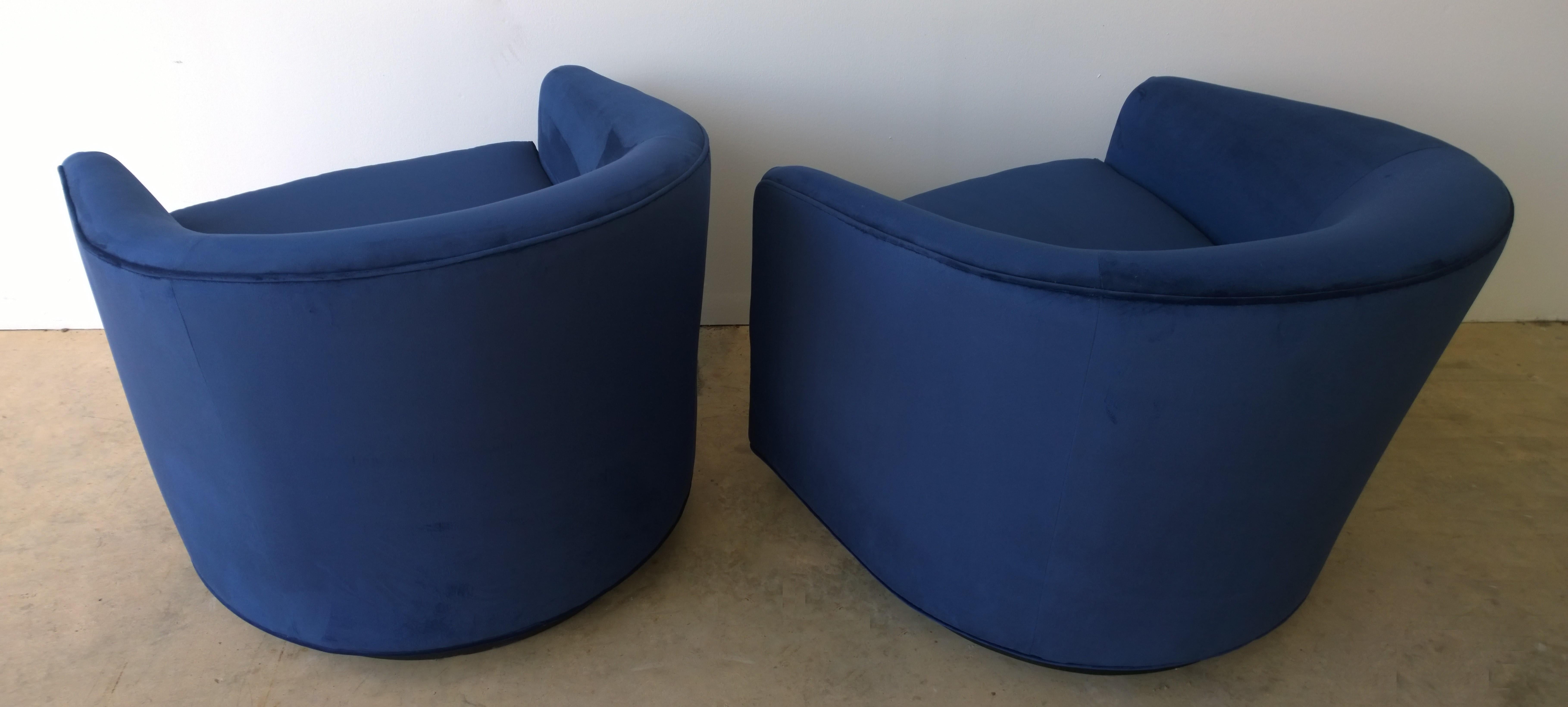 Pair of Baughman Style New Blue Cotton Velvet Swivel Chairs w/ Ebony Wood Bases For Sale 1