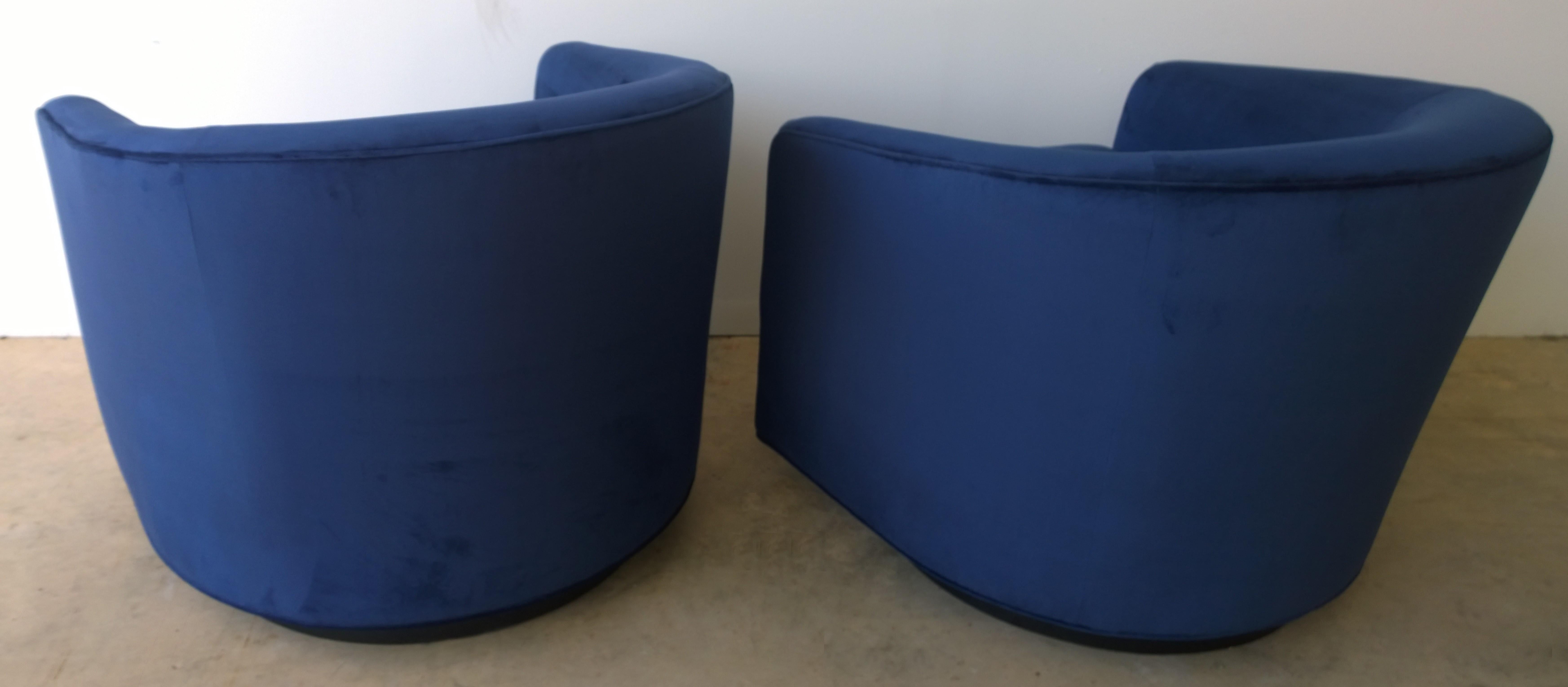 Pair of Baughman Style New Blue Cotton Velvet Swivel Chairs w/ Ebony Wood Bases For Sale 2