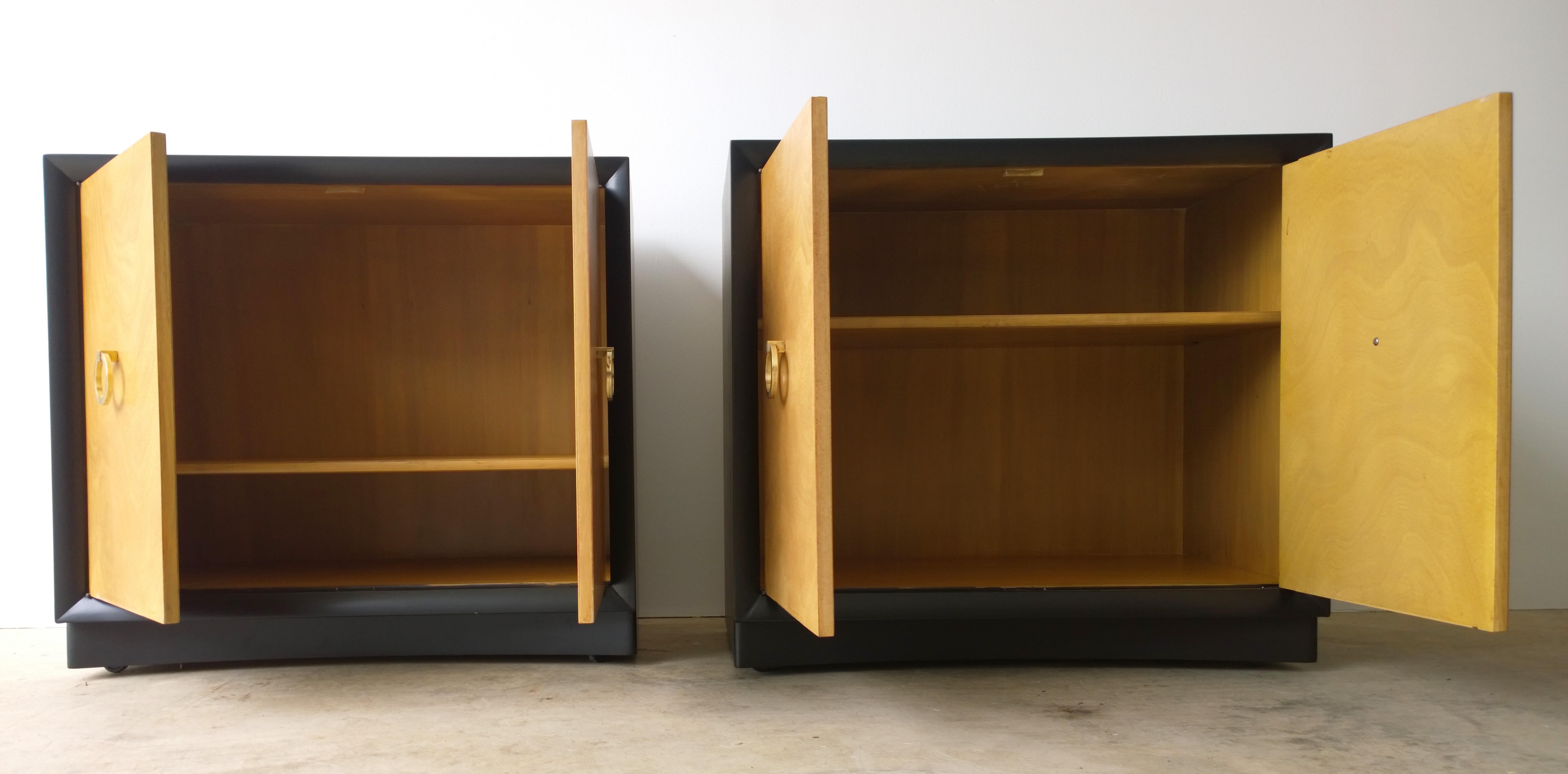 Pair of Black Refinished Wood Frame & Burl Wood Doors with Brass Pulls Cabinets For Sale 2