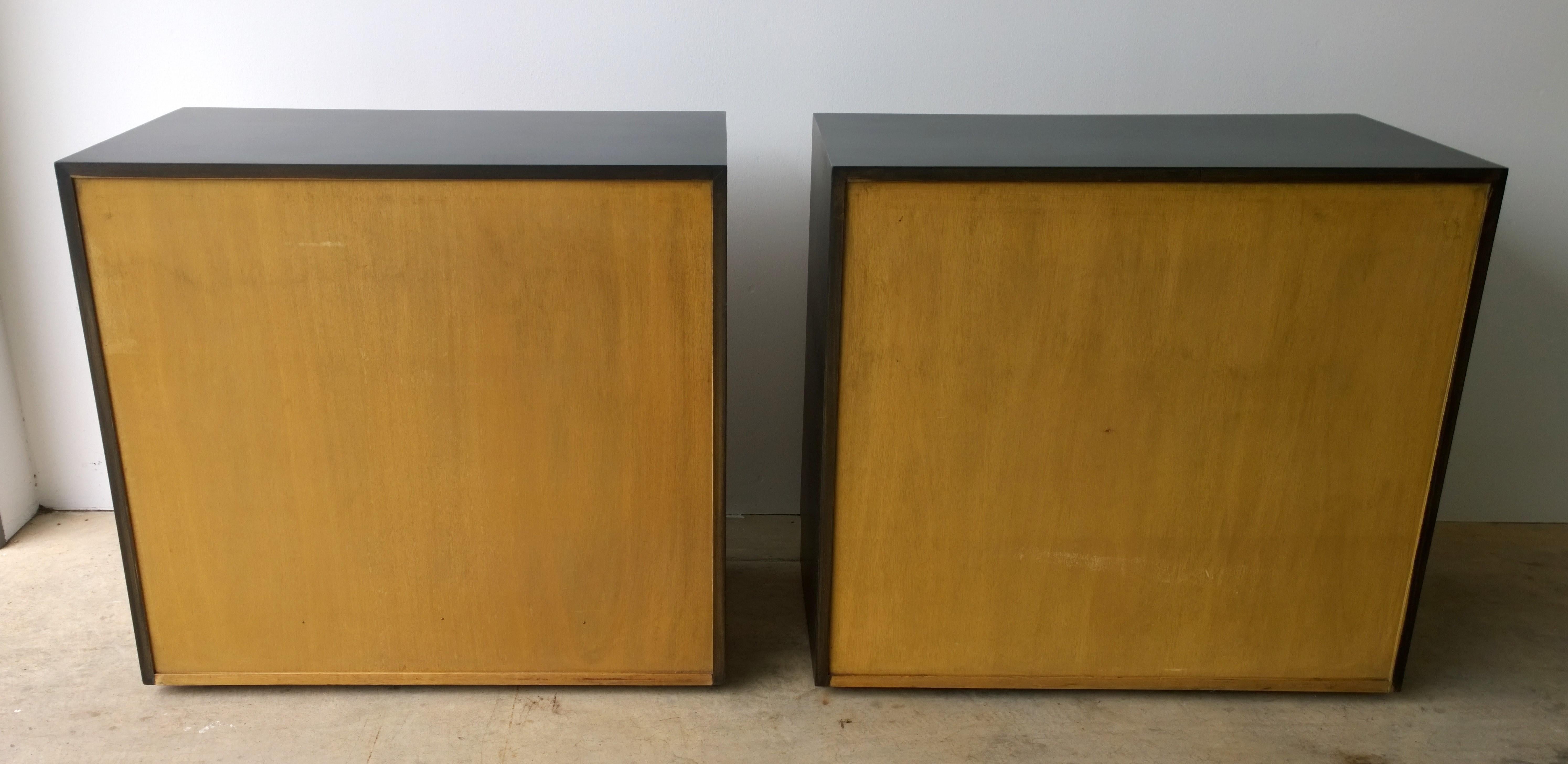 Pair of Black Refinished Wood Frame & Burl Wood Doors with Brass Pulls Cabinets For Sale 7