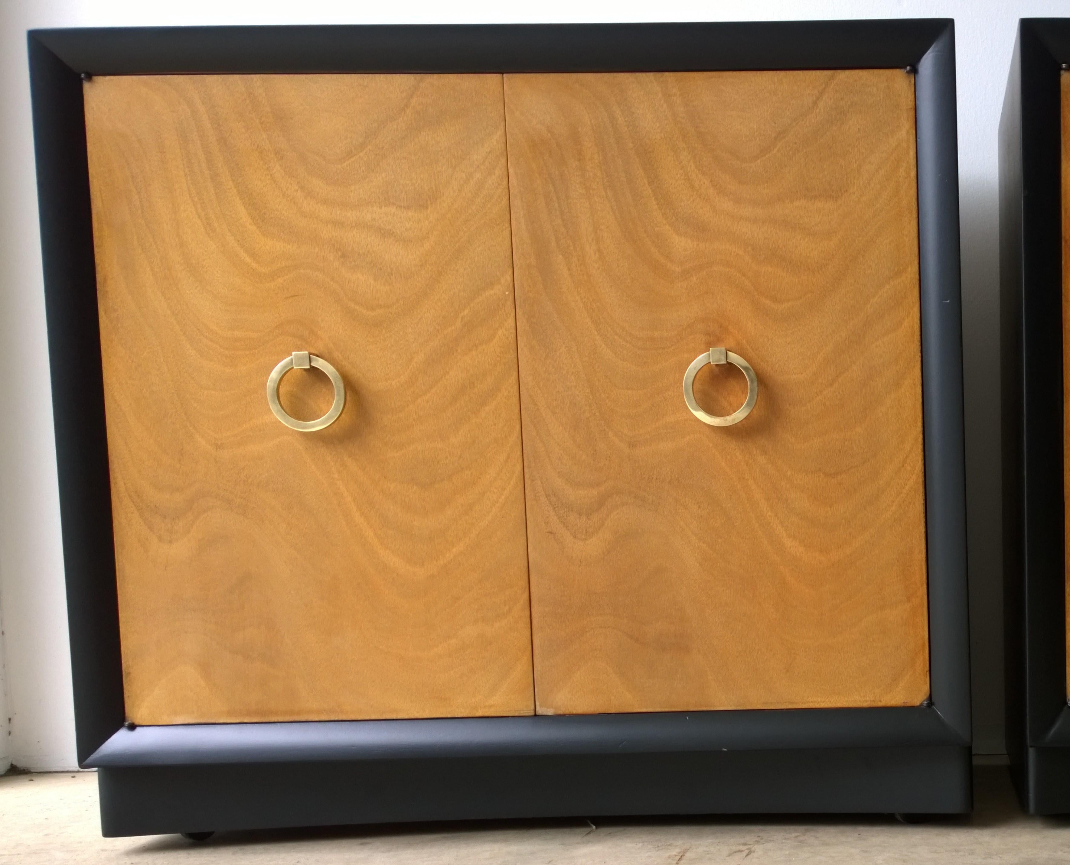 Pair of Black Refinished Wood Frame & Burl Wood Doors with Brass Pulls Cabinets For Sale 8