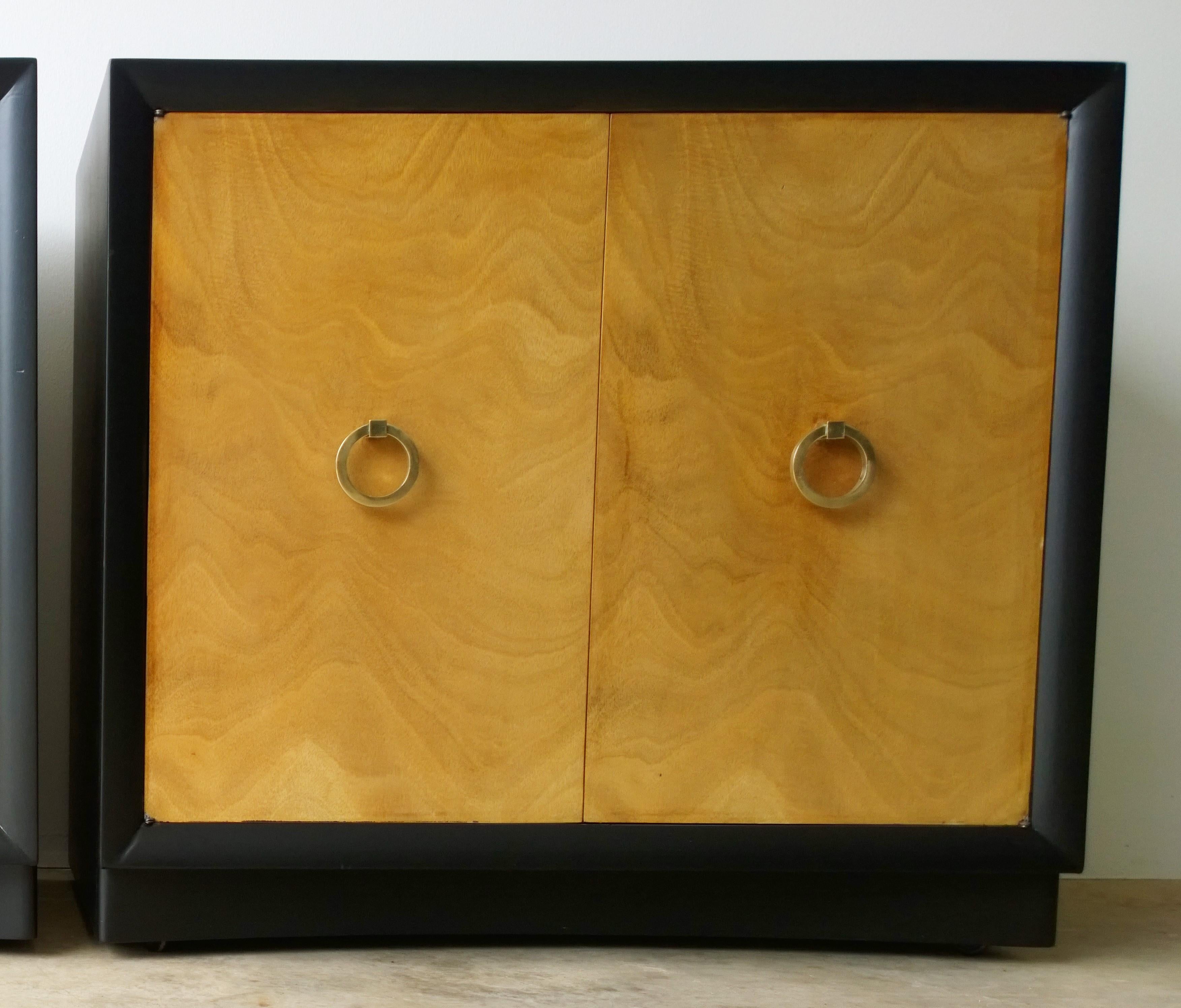 Pair of Black Refinished Wood Frame & Burl Wood Doors with Brass Pulls Cabinets For Sale 9