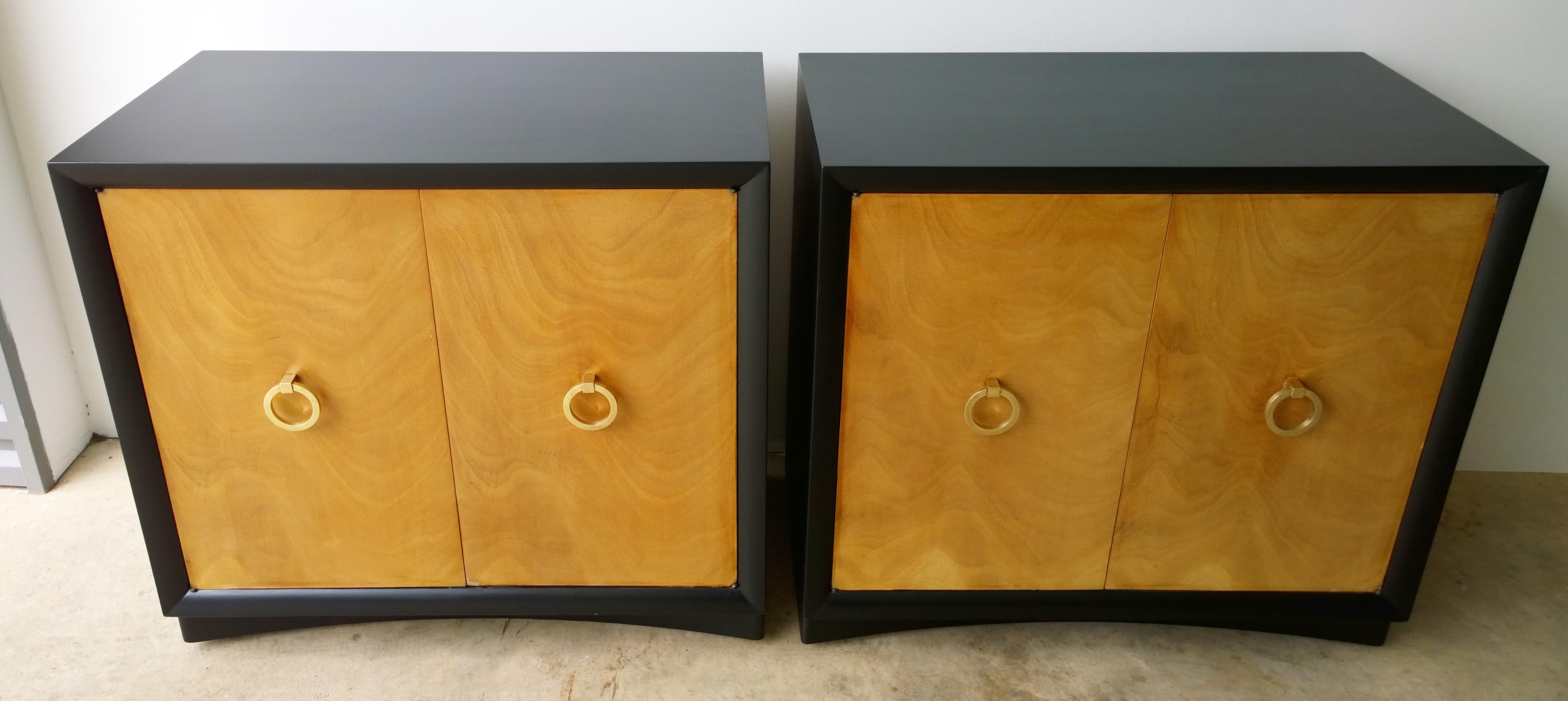 Mid-Century Modern Pair of Black Refinished Wood Frame & Burl Wood Doors with Brass Pulls Cabinets For Sale