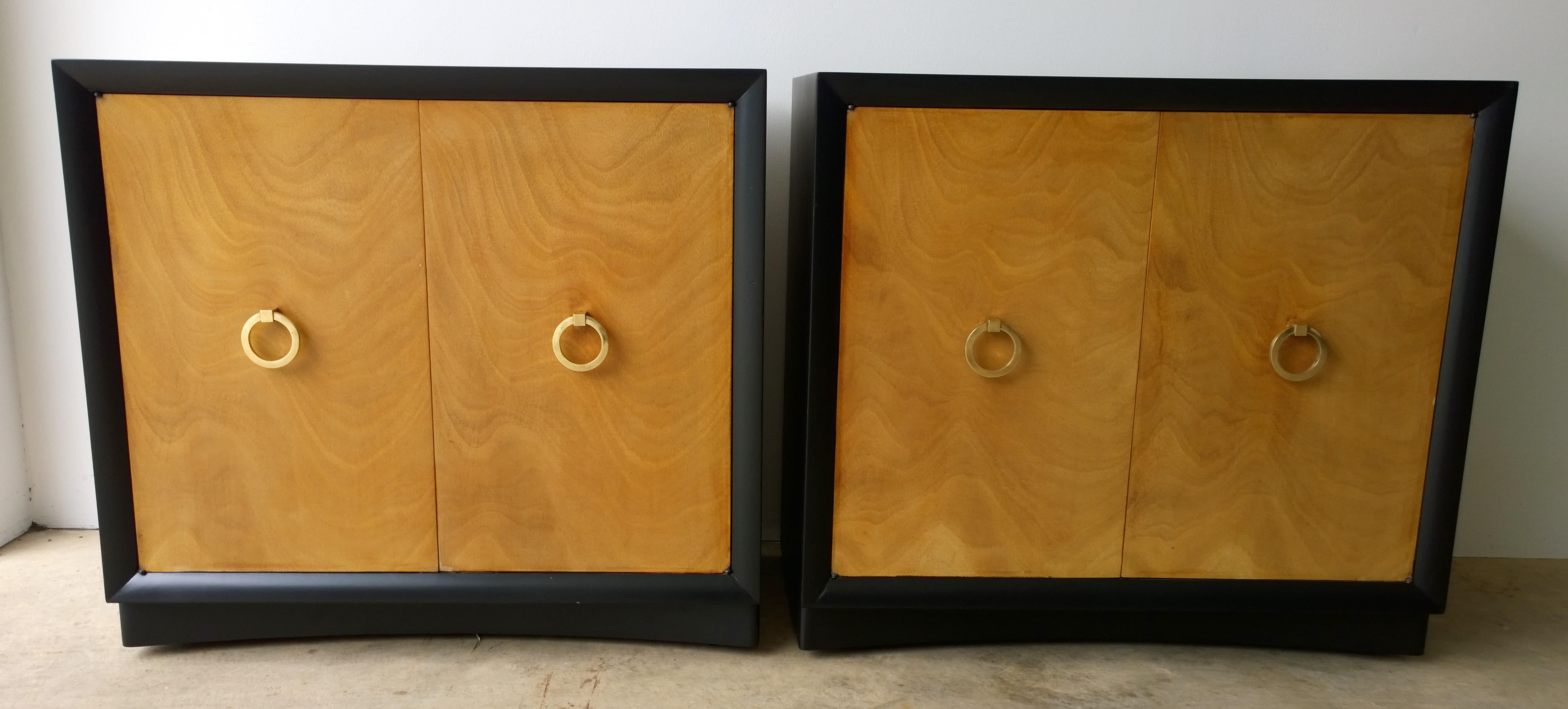 American Pair of Black Refinished Wood Frame & Burl Wood Doors with Brass Pulls Cabinets For Sale
