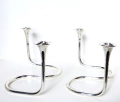 Pr Mid-Century Modernist Sterling Silver Candleholders by Carlo Camusso Ca. 1955