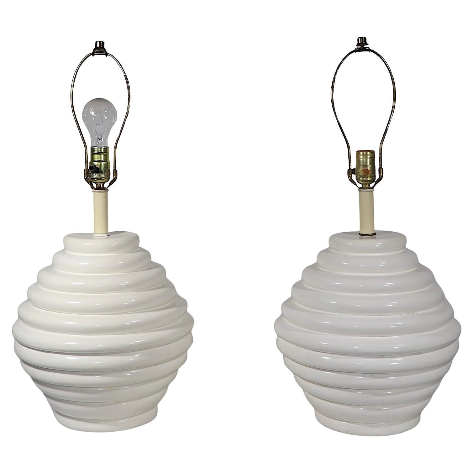 Pr. Mid Century Space Age Bulbous Form Table Lamps in White Finish c. 1950/70's For Sale