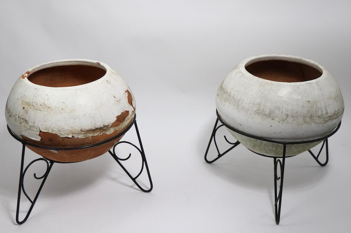 Pair of Mid Century Terracotta Planters in Wrought Iron Stands 3