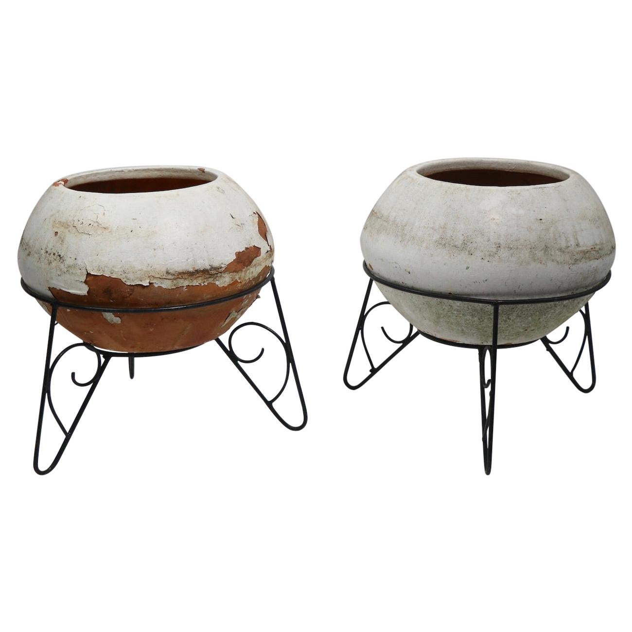 Pair of Mid Century Terracotta Planters in Wrought Iron Stands