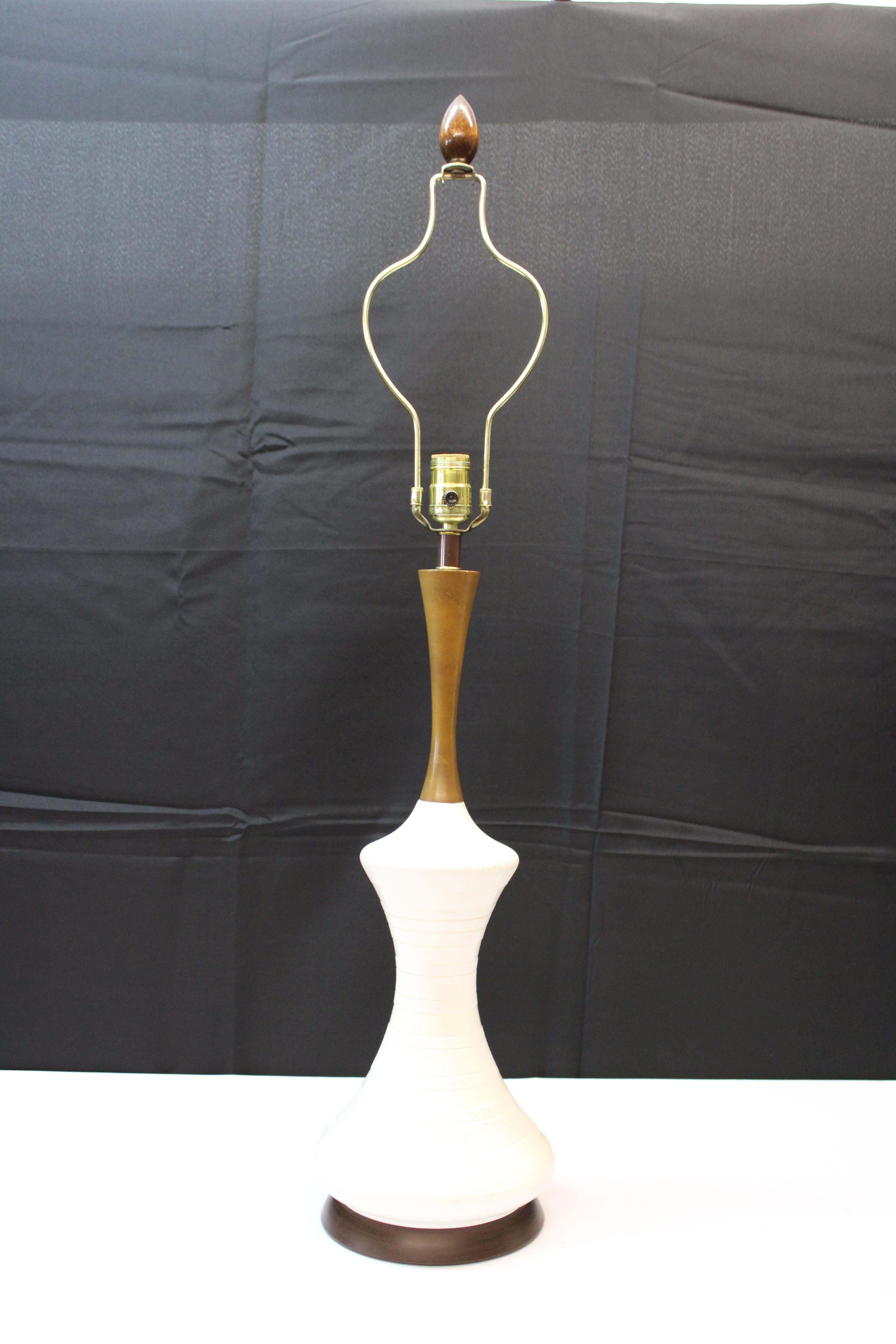 Other Pr Mid-Century Textured Ceramic Hourglass Shaped Lamps with Wood Finials For Sale