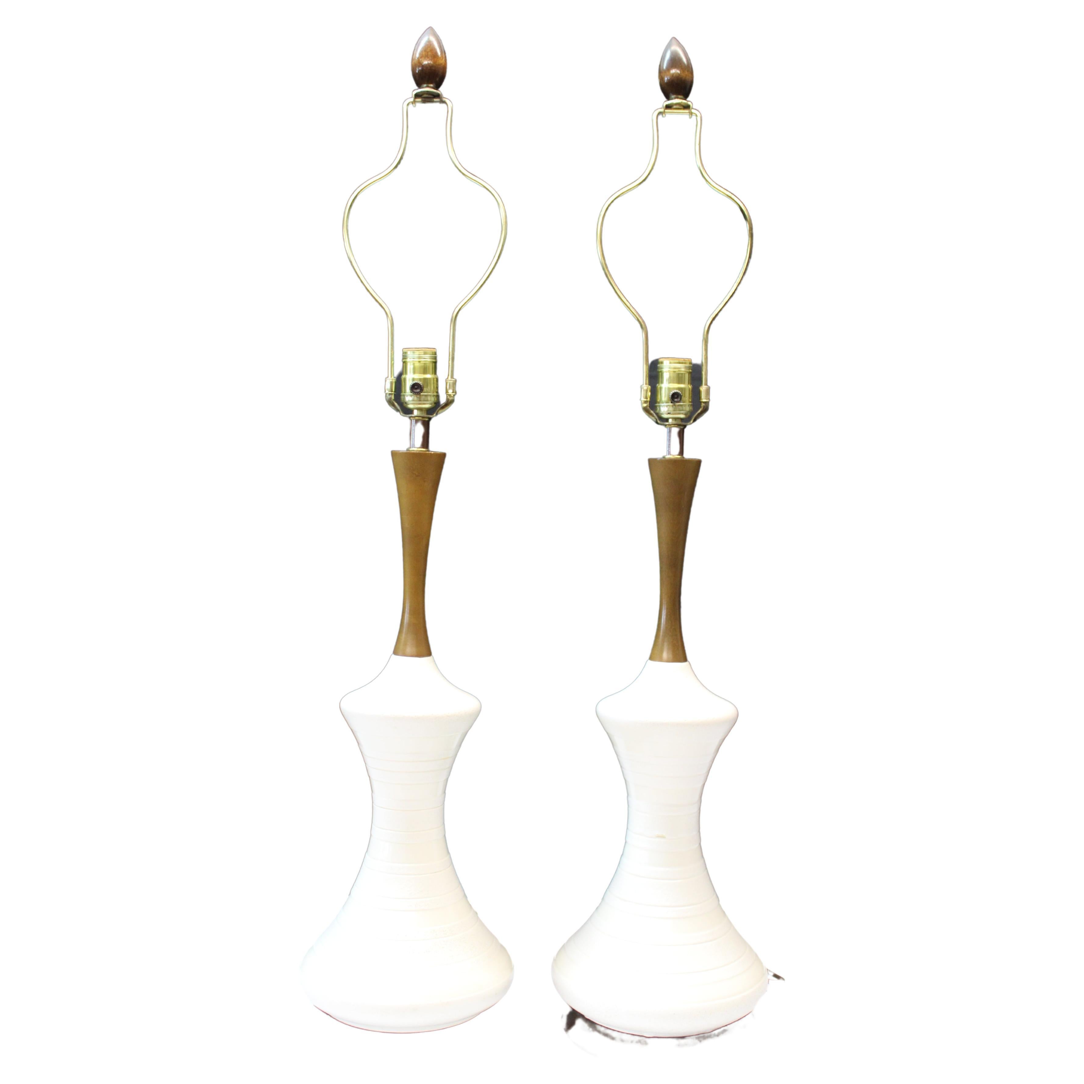 Pr Mid-Century Textured Ceramic Hourglass Shaped Lamps with Wood Finials For Sale