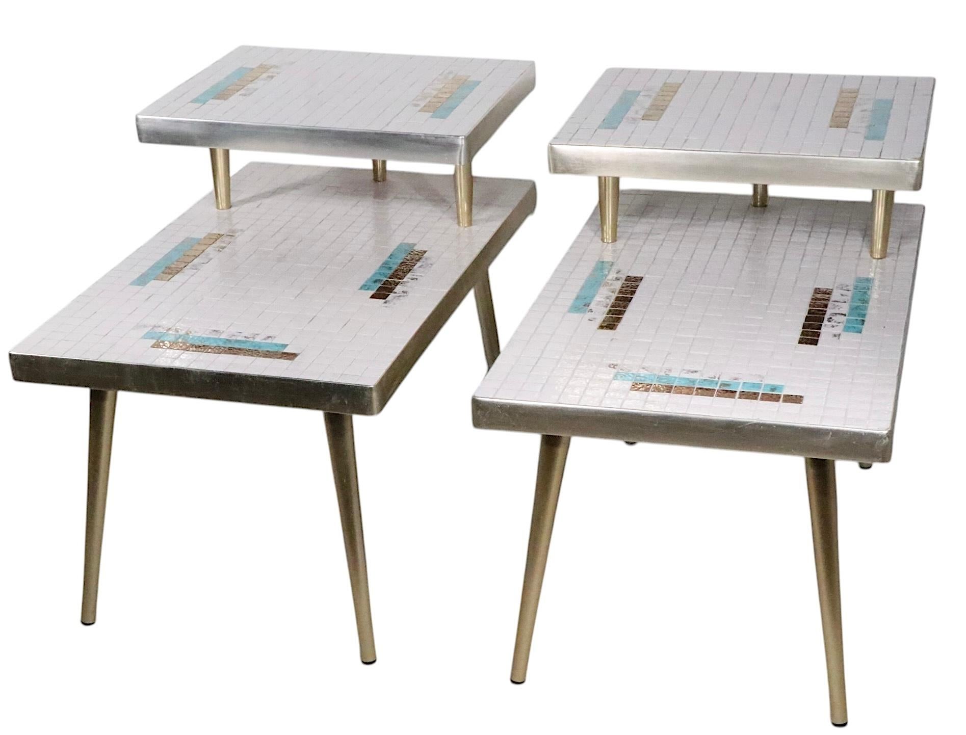 American Pr. Mid Century Tile Top Step End Tables c 1950/60's For Sale