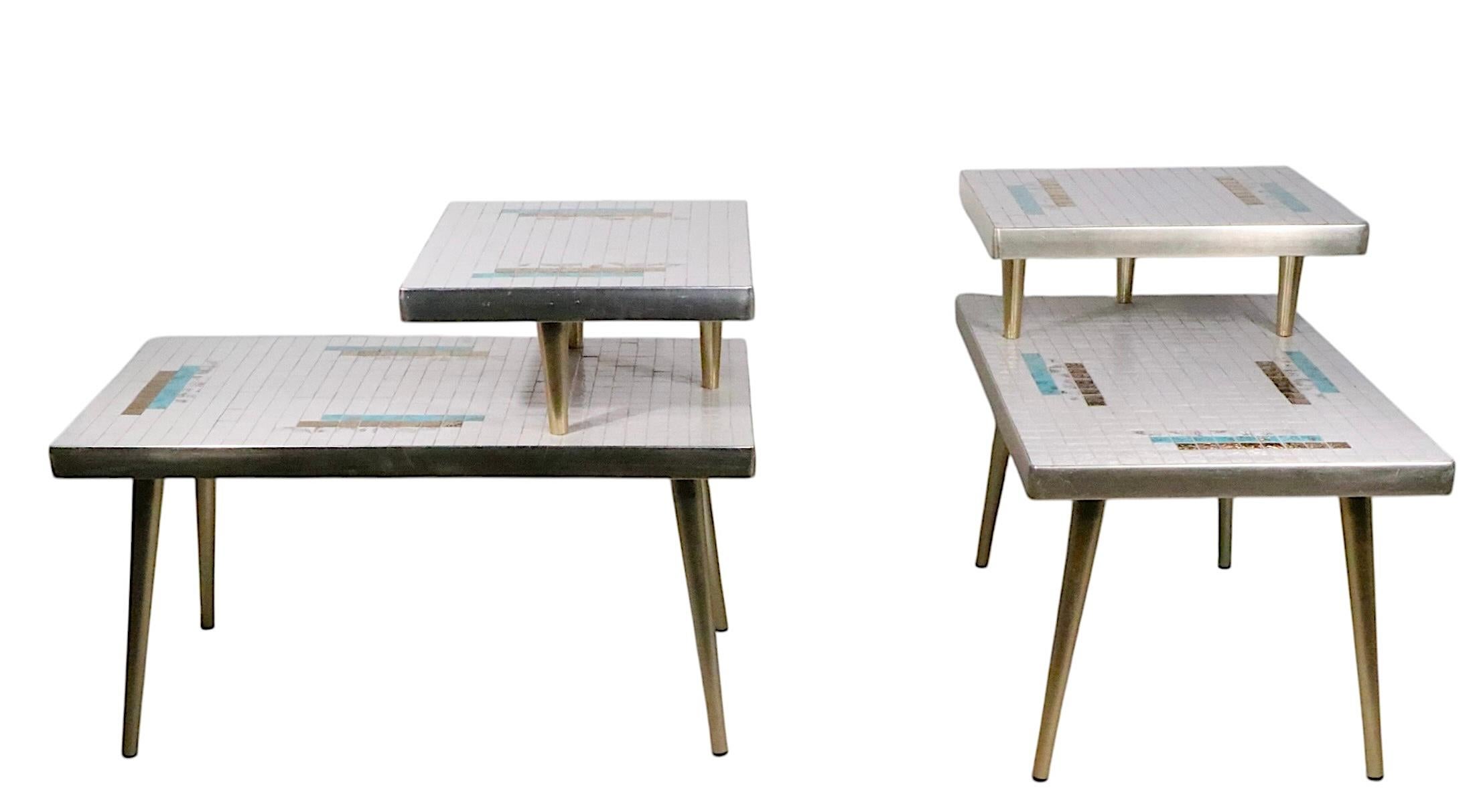 Aluminum Pr. Mid Century Tile Top Step End Tables c 1950/60's For Sale