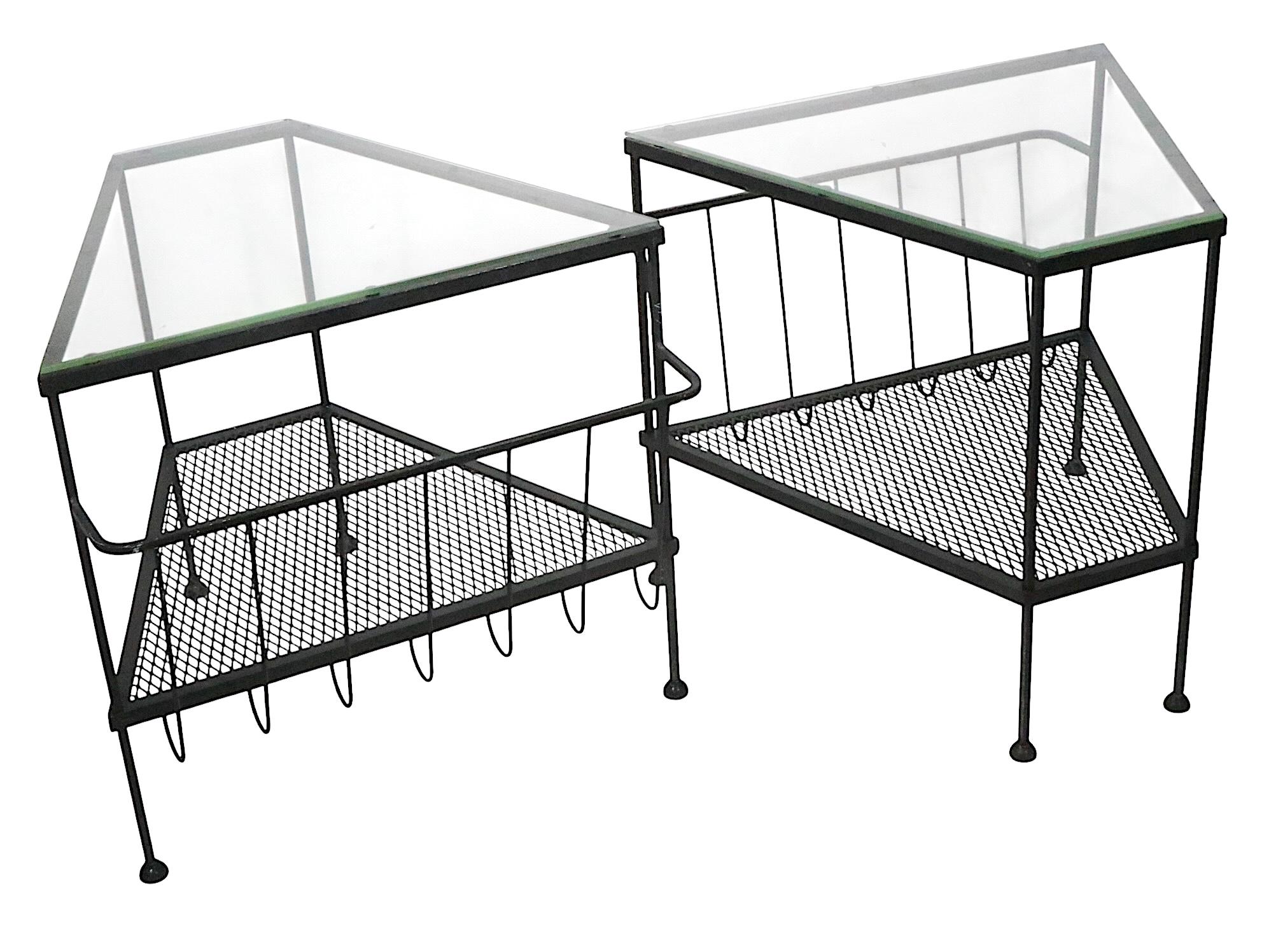 Pr. Mid Century Troy Sunshade Co.  Wrought Iron and Glass Wedge Form End Tables For Sale 9