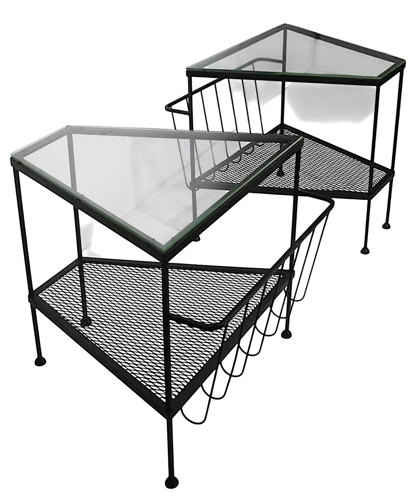 Pr. Mid Century Troy Sunshade Co.  Wrought Iron and Glass Wedge Form End Tables For Sale 11
