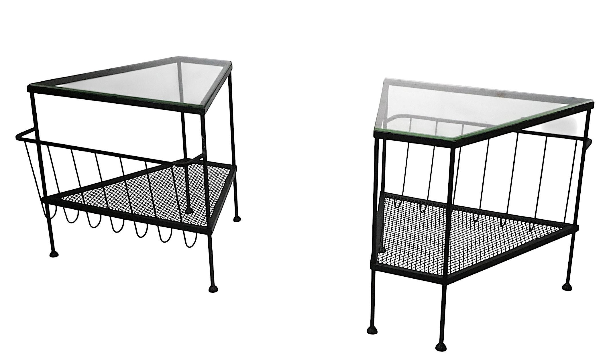 Pr. Mid Century Troy Sunshade Co.  Wrought Iron and Glass Wedge Form End Tables For Sale 12