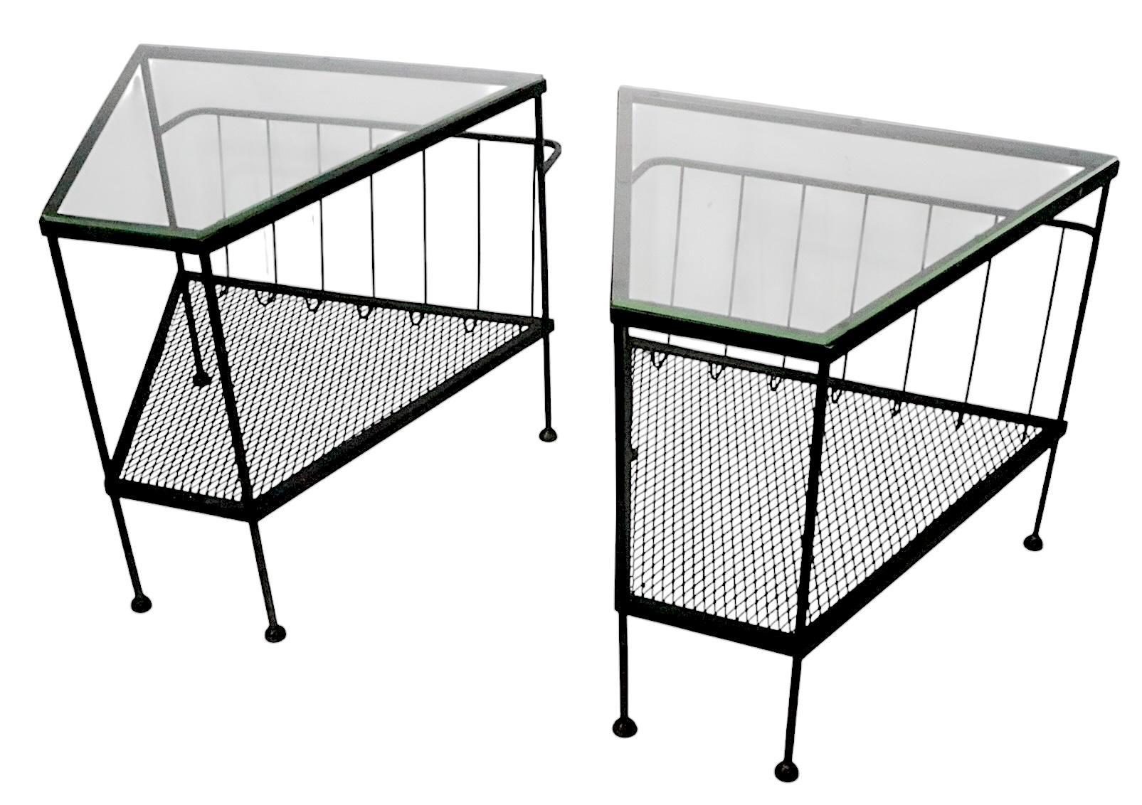 Pr. Mid Century Troy Sunshade Co.  Wrought Iron and Glass Wedge Form End Tables For Sale 13