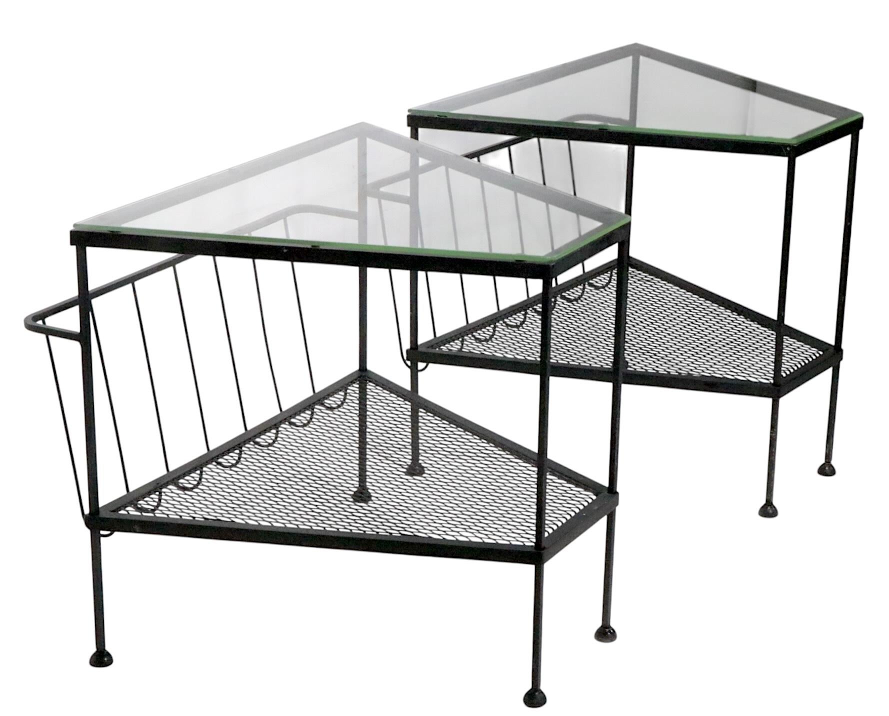 Pr. Mid Century Troy Sunshade Co.  Wrought Iron and Glass Wedge Form End Tables For Sale 14