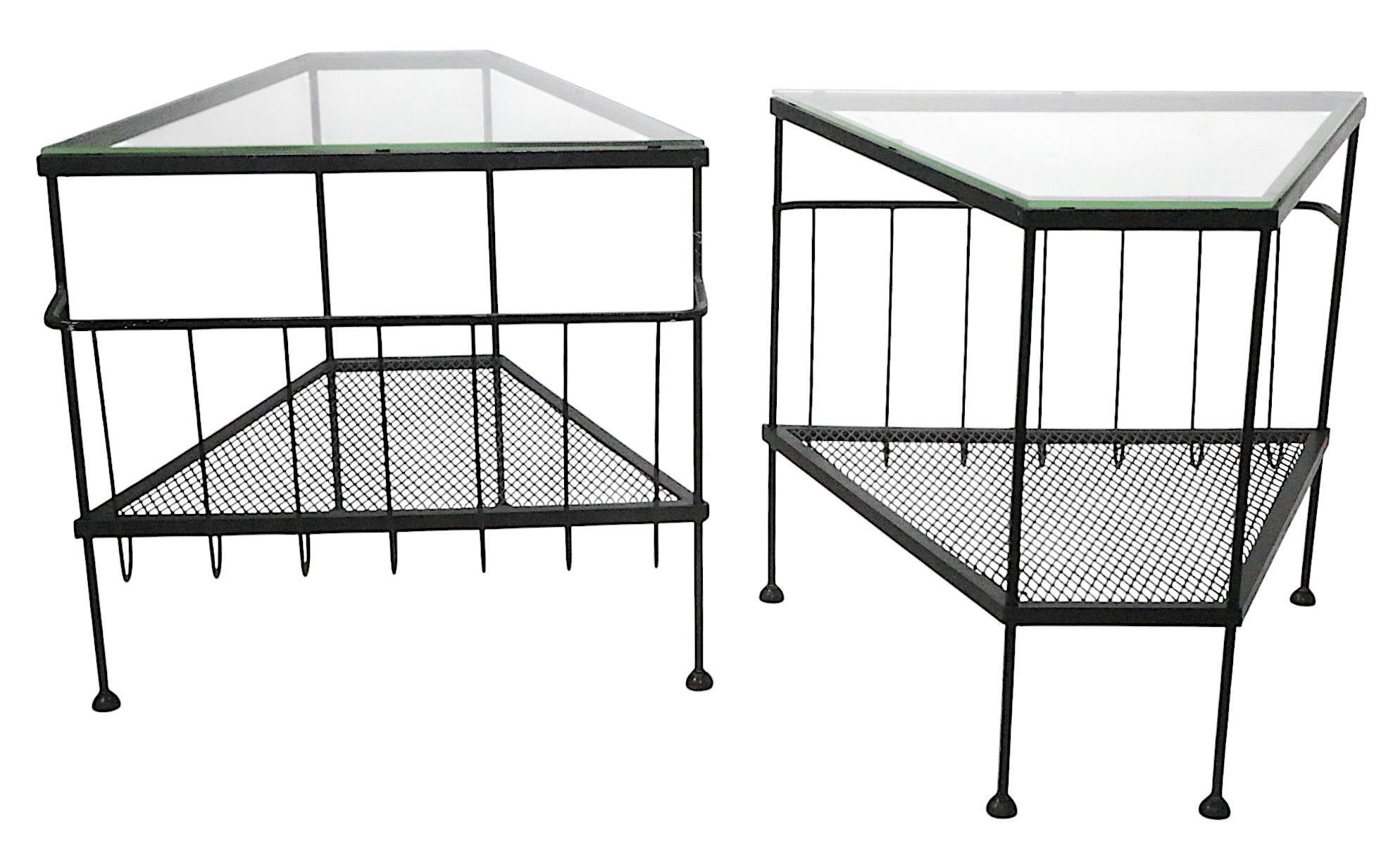 American Pr. Mid Century Troy Sunshade Co.  Wrought Iron and Glass Wedge Form End Tables For Sale
