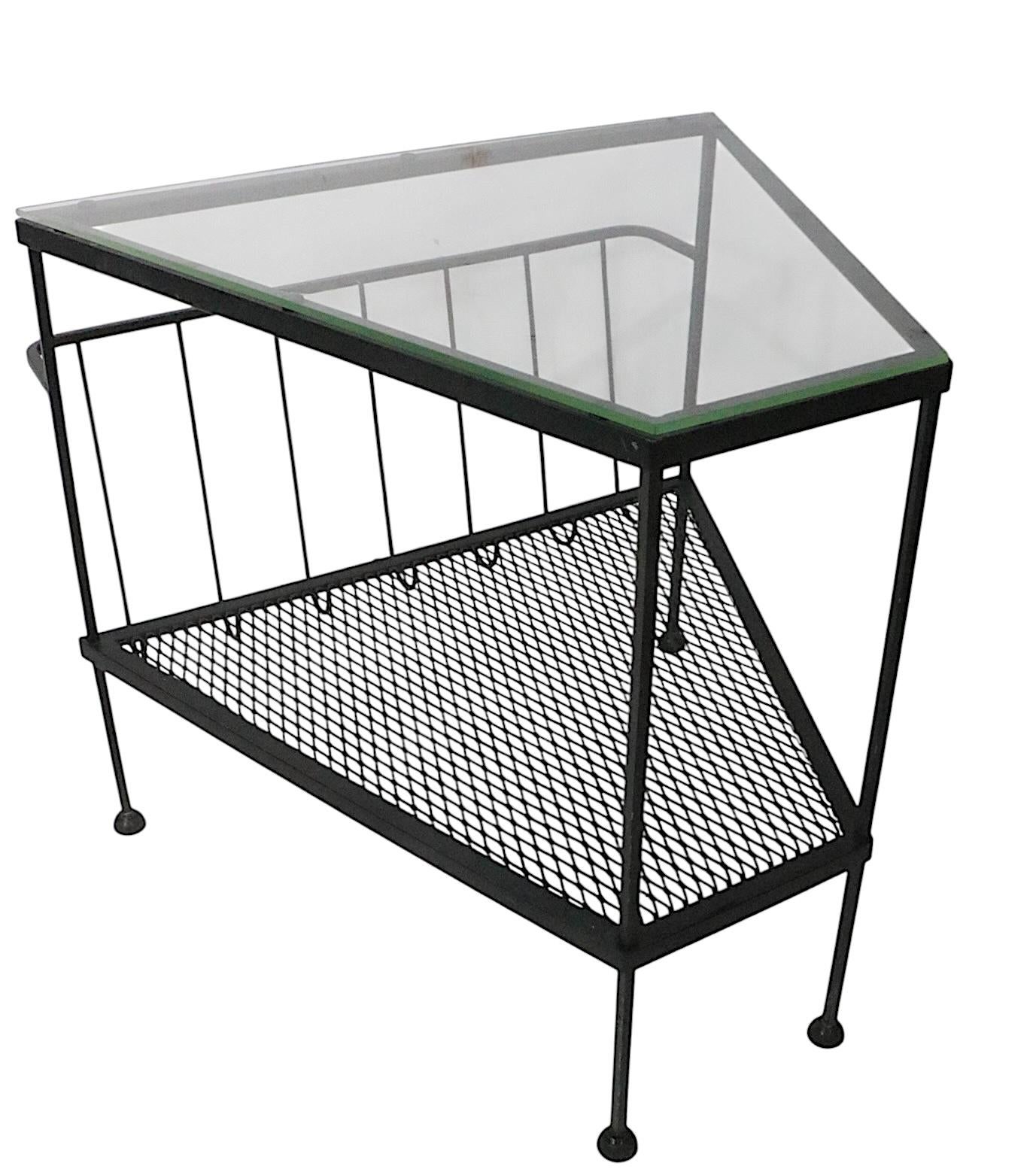 20th Century Pr. Mid Century Troy Sunshade Co.  Wrought Iron and Glass Wedge Form End Tables For Sale