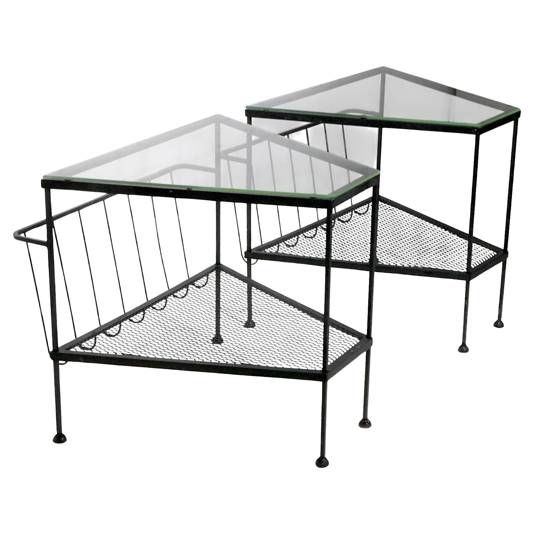 Pr. Mid Century Troy Sunshade Co.  Wrought Iron and Glass Wedge Form End Tables