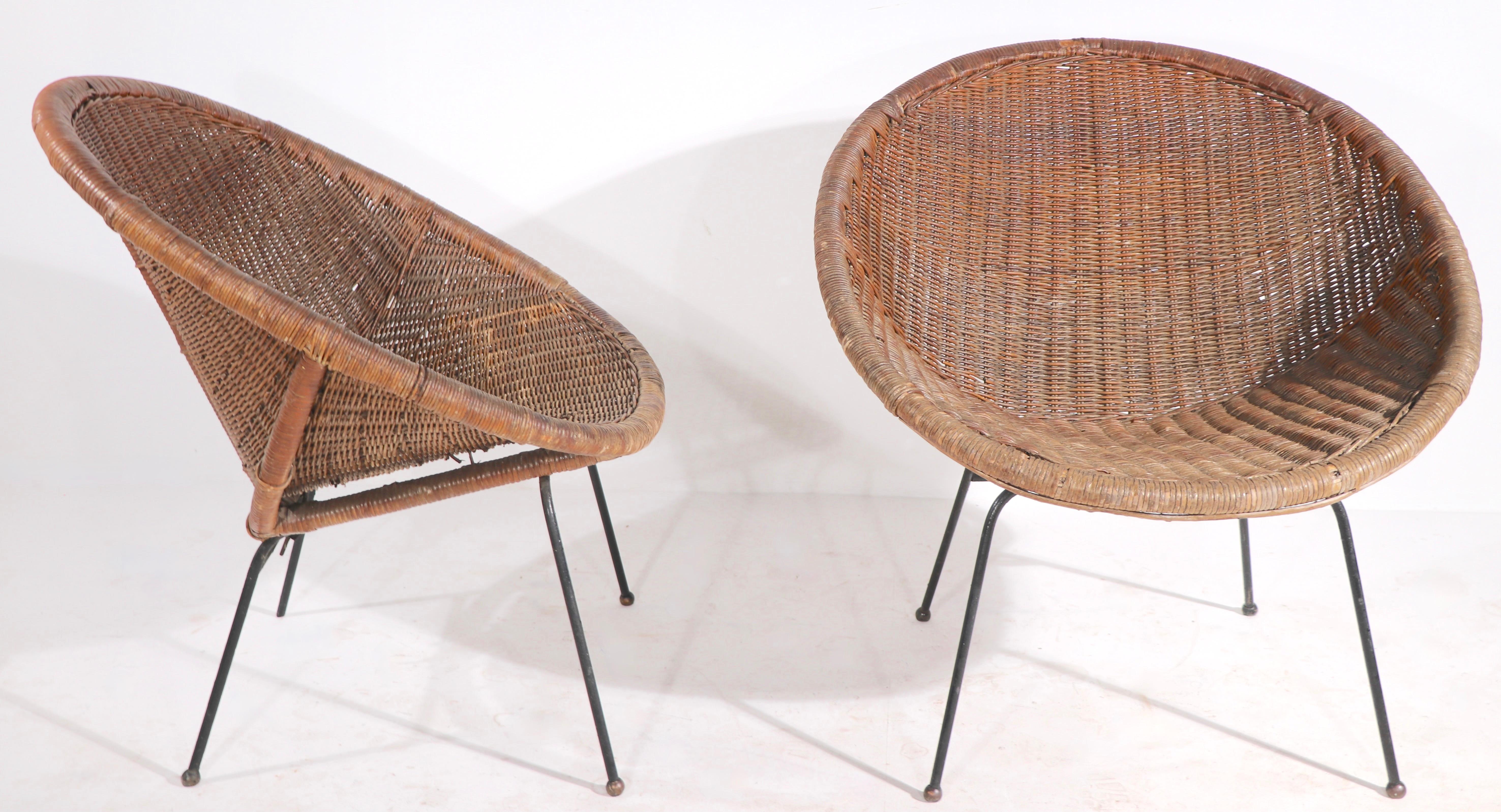 American Pr. Mid Century Wicker Hoop Cone Style  Lounge Patio Sunroom Chairs