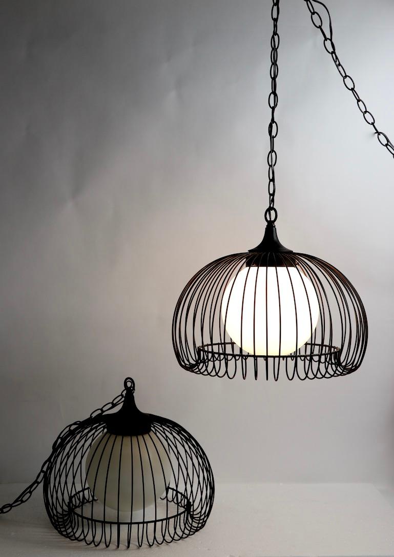 Mid-Century Modern Pair of Mid Century Wire Cage Chandeliers For Sale