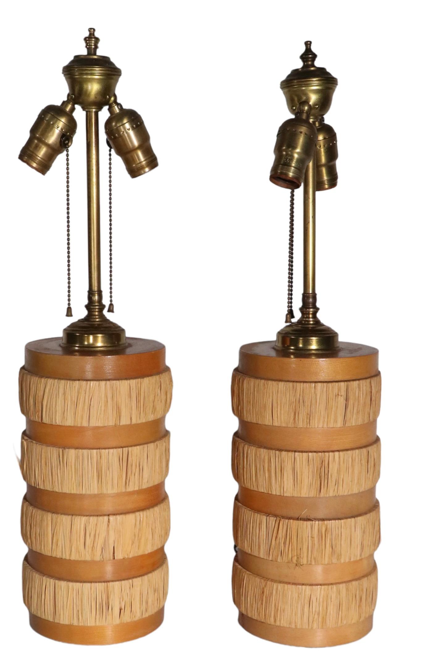 Pr. Mid Century Wood and Wrapped Rush Tiki Style Table Lamps For Sale 2