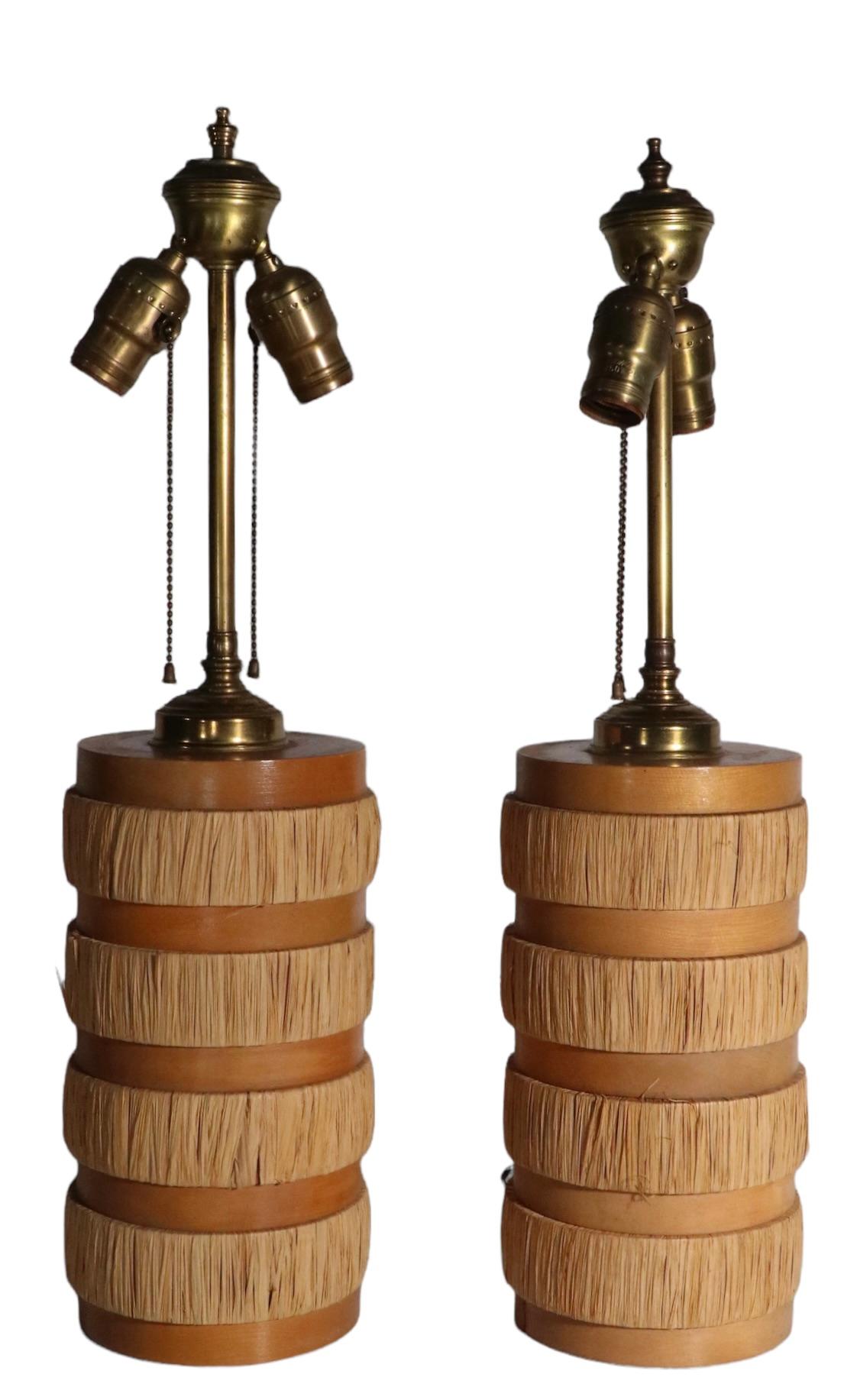 Pr. Mid Century Wood and Wrapped Rush Tiki Style Table Lamps In Good Condition For Sale In New York, NY