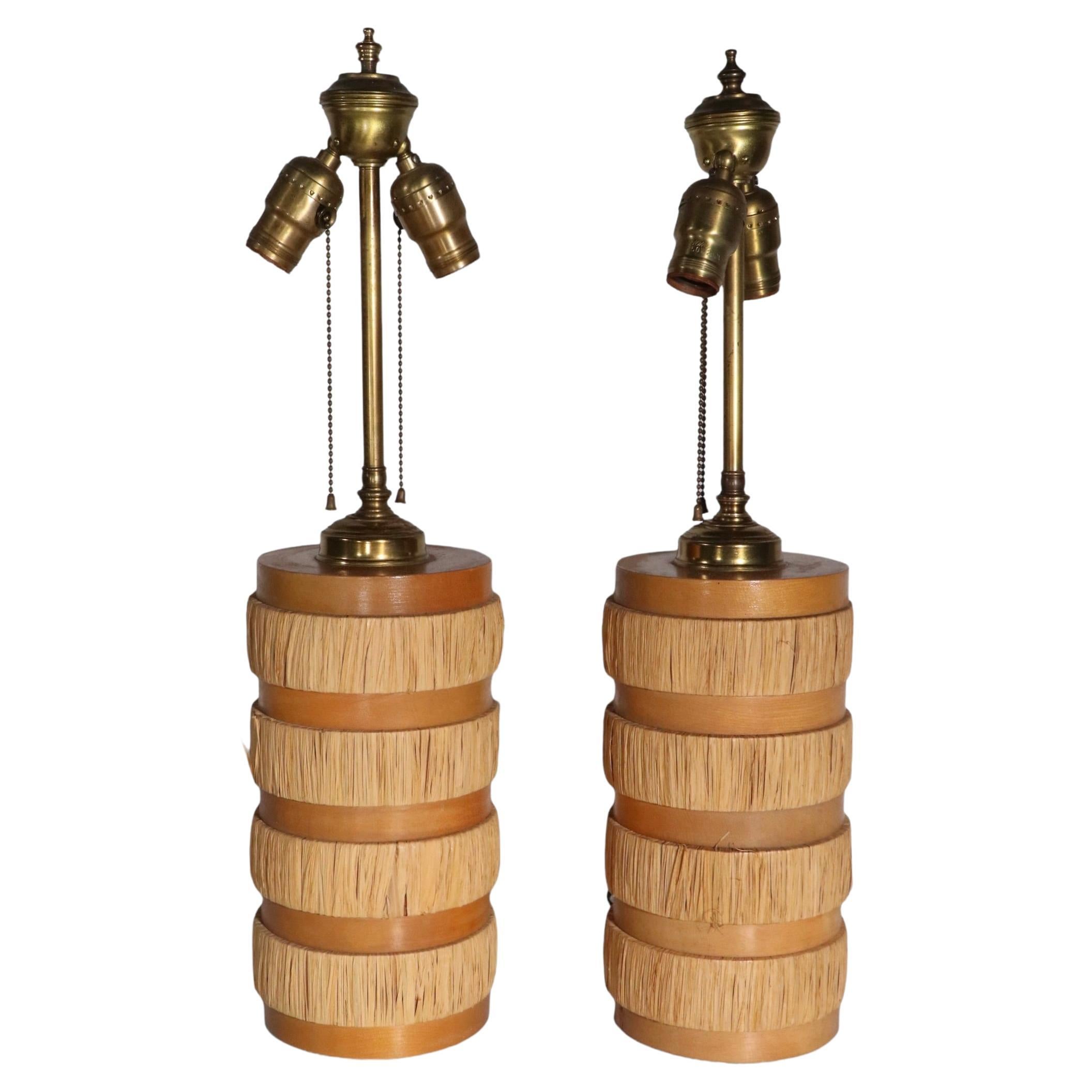 Pr. Mid Century Wood and Wrapped Rush Tiki Style Table Lamps