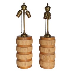 Vintage Pr. Mid Century Wood and Wrapped Rush Tiki Style Table Lamps