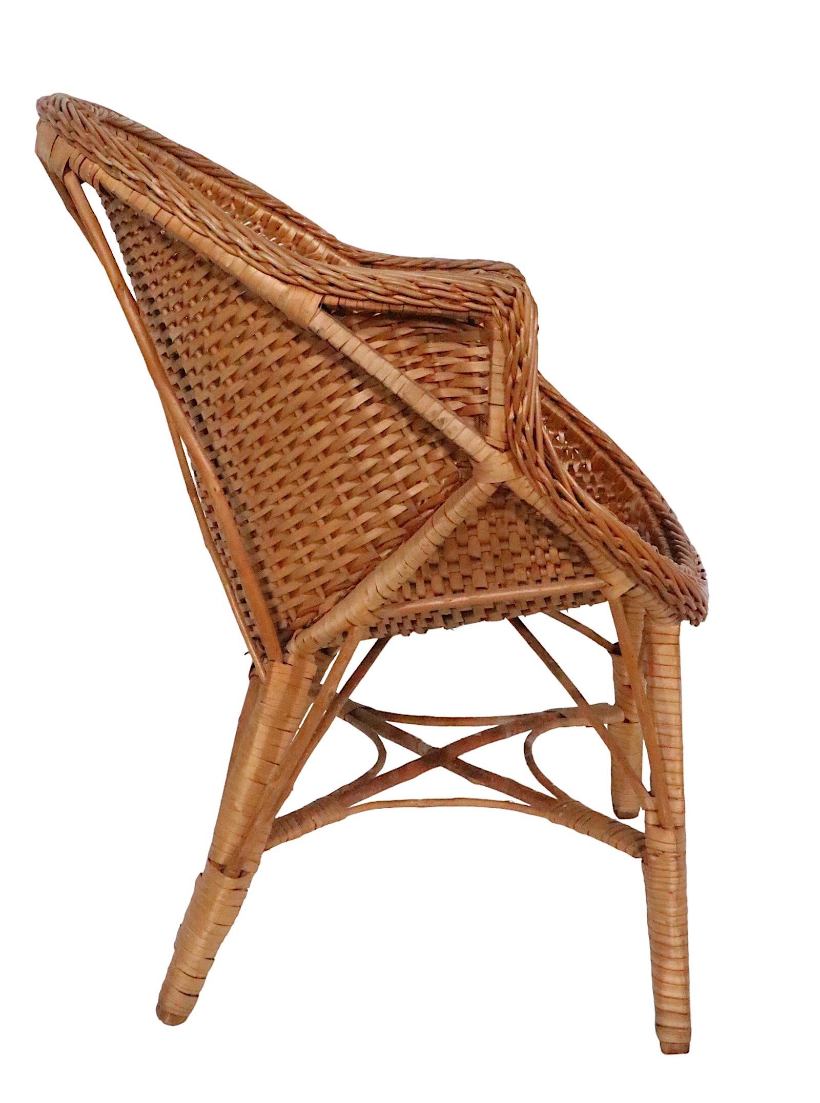Pr  Mid Century Woven Wicker Arm Chairs  For Sale 4