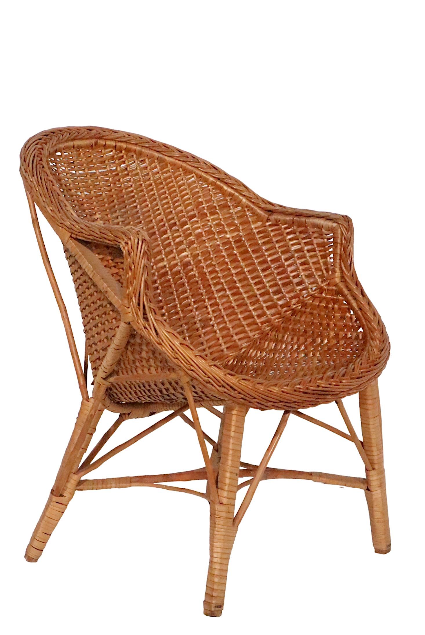 Pr  Mid Century Woven Wicker Arm Chairs  For Sale 5