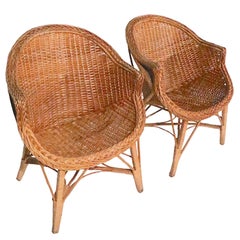 Pr  Mid Century Woven Wicker Arm Chairs