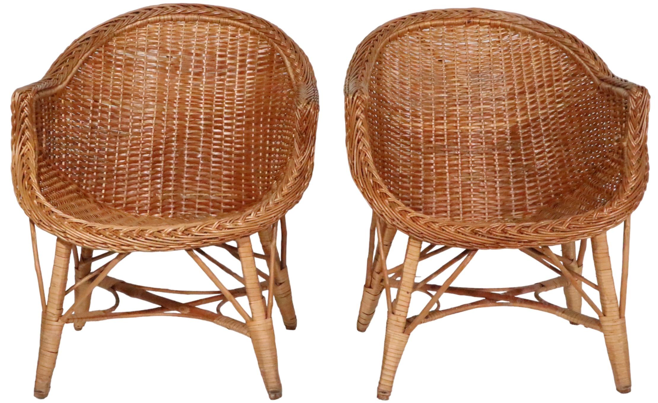 Mid-Century Modern Pr  Mid Century Woven Wicker Arm Chairs  For Sale