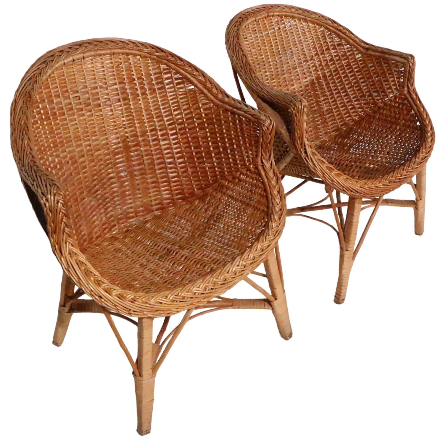 Pr  Mid Century Woven Wicker Arm Chairs  In Good Condition For Sale In New York, NY