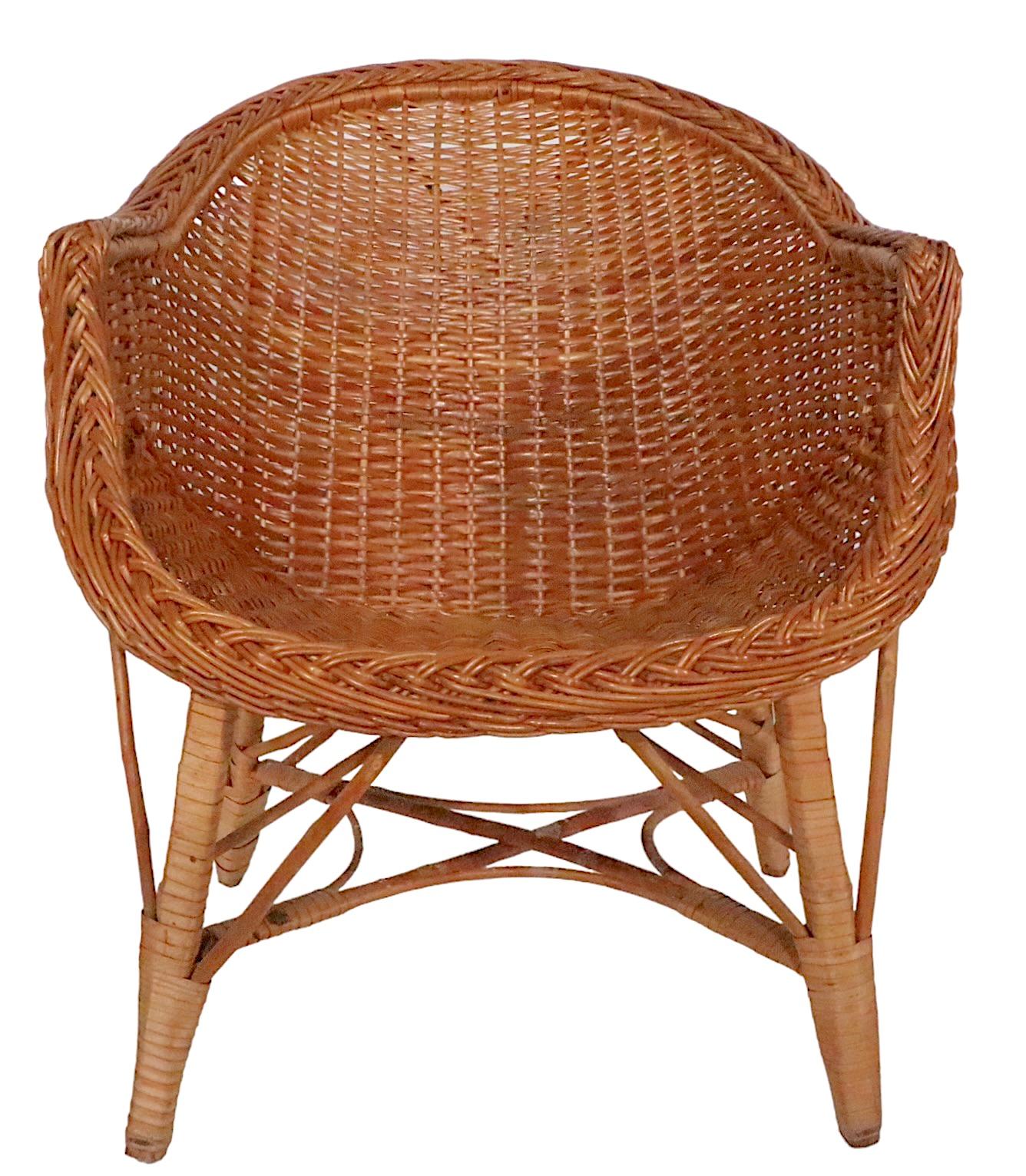 20th Century Pr  Mid Century Woven Wicker Arm Chairs  For Sale