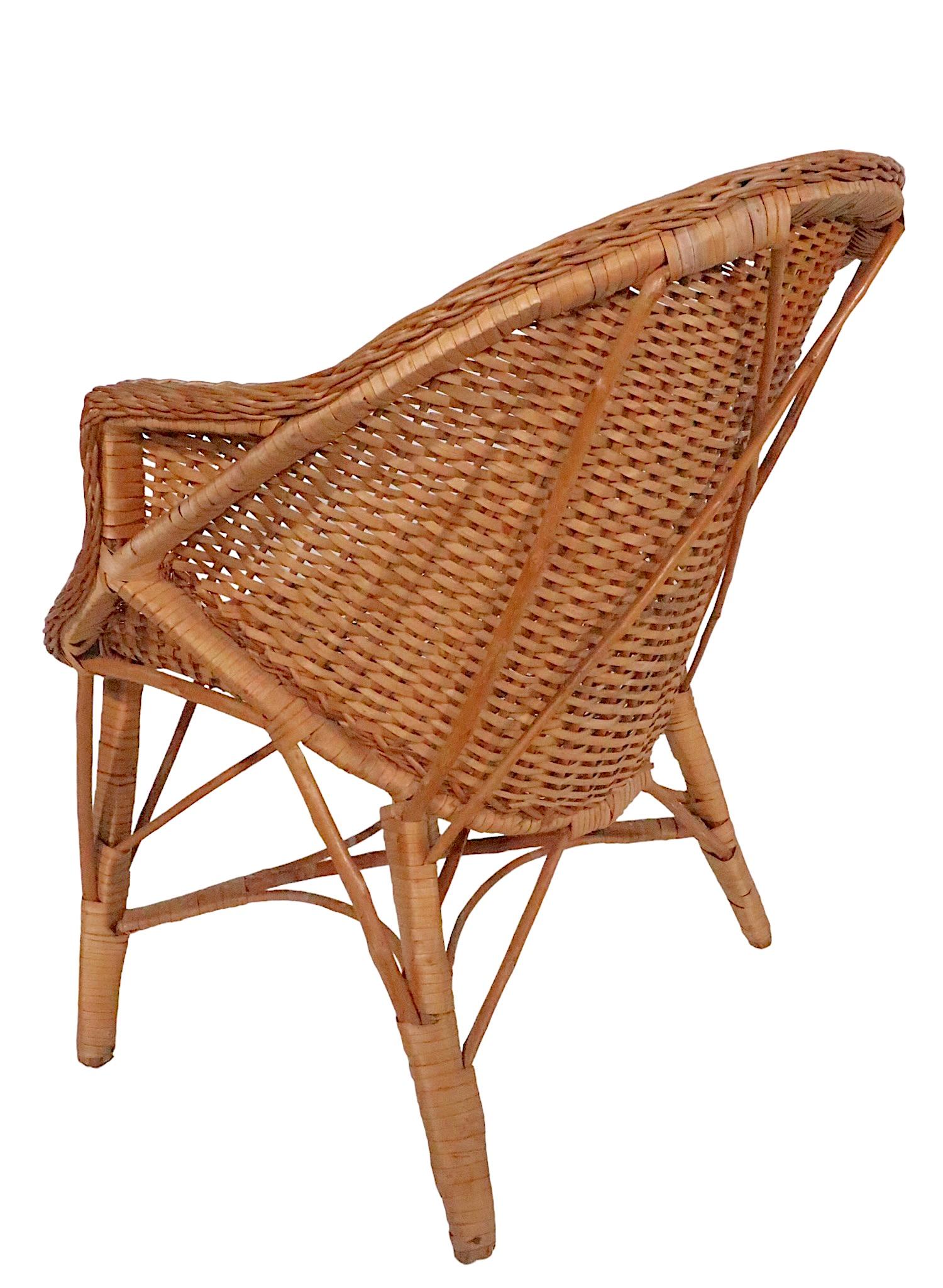 Pr  Mid Century Woven Wicker Arm Chairs  For Sale 1