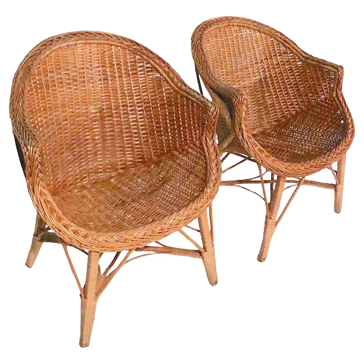 Pr  Mid Century Woven Wicker Arm Chairs  For Sale