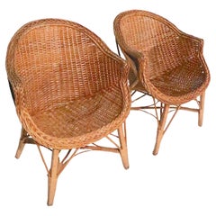 Vintage Pr  Mid Century Woven Wicker Arm Chairs 