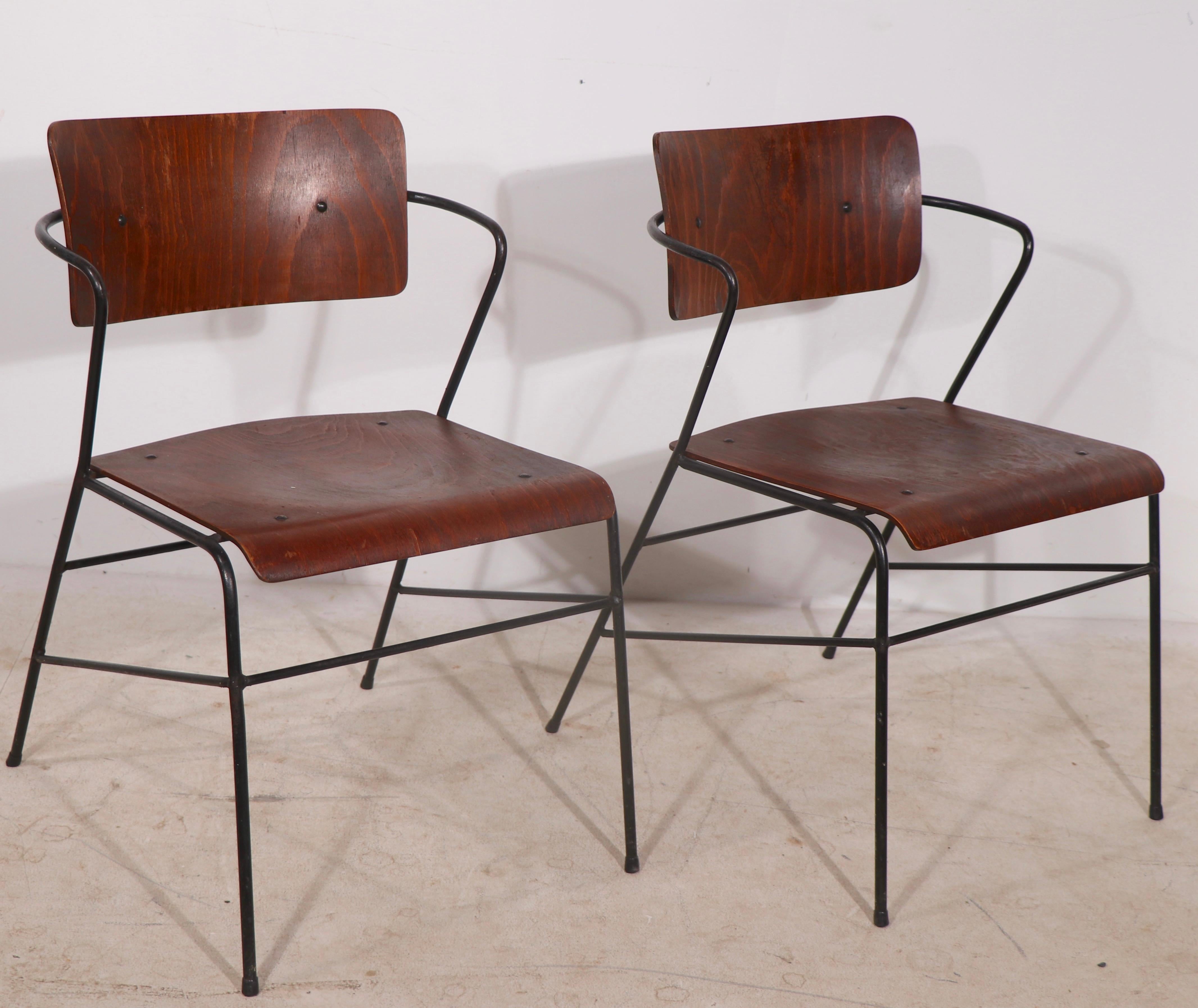 Mid-Century Modern Pr. Mid Century Wrought Iron and Bent Plywood Arm Dining Chars After Umanoff For Sale