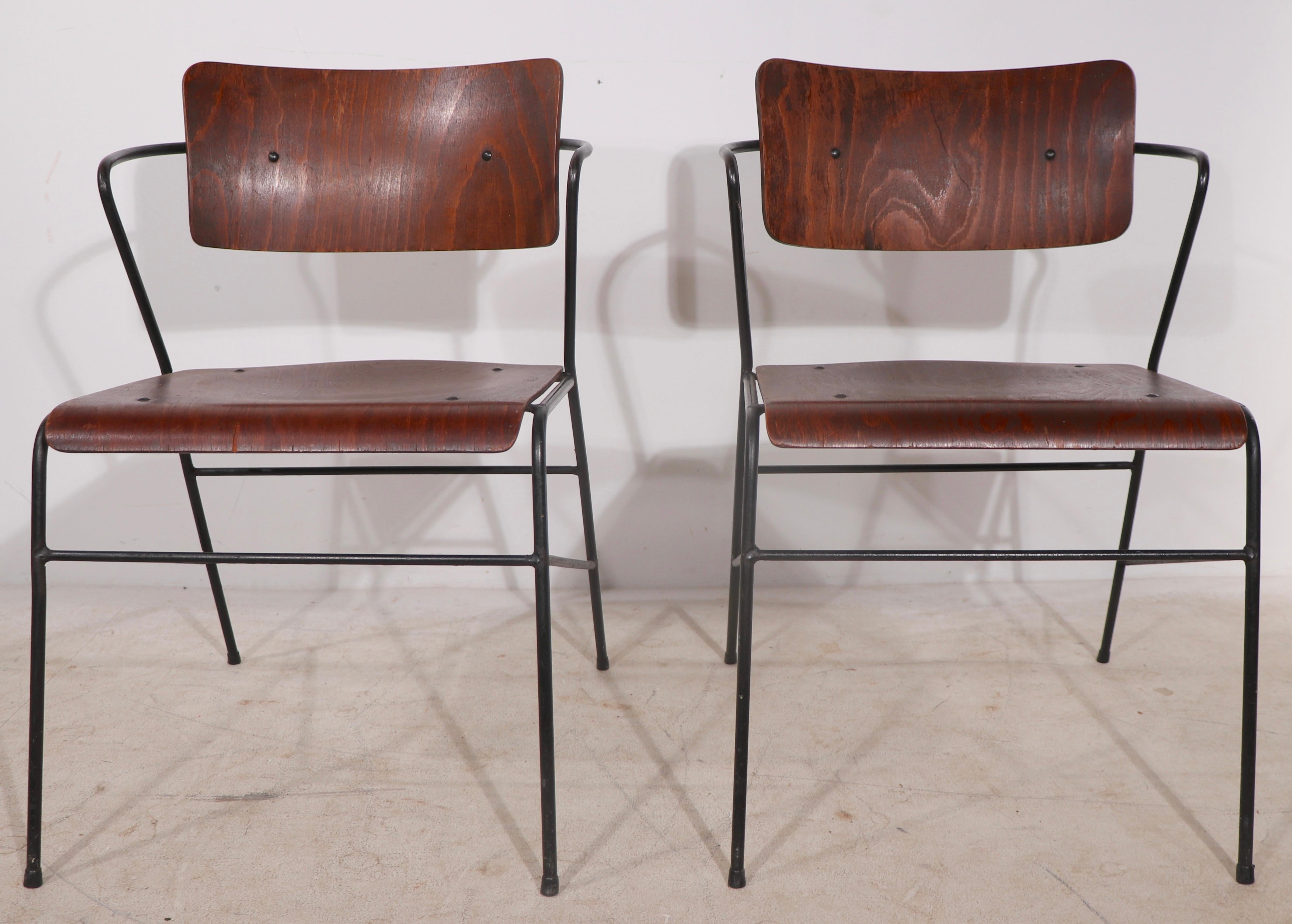 American Pr. Mid Century Wrought Iron and Bent Plywood Arm Dining Chars After Umanoff For Sale