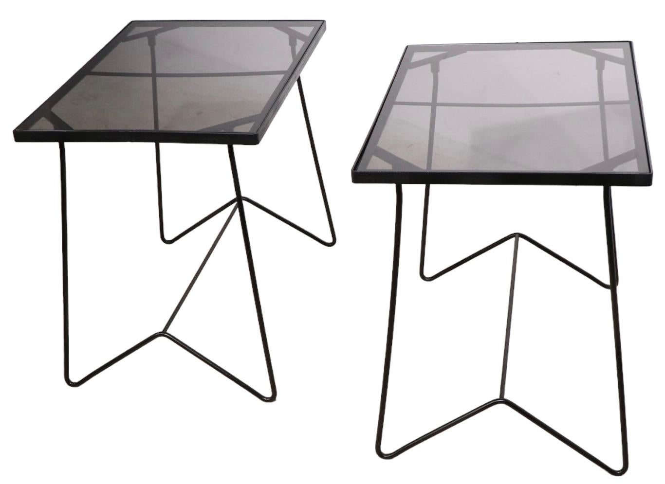 Pr. Mid Century Wrought Iron and Tinted Glass Top End Side Tables after McCobb 5