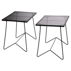 Pr. Mid Century Wrought Iron and Tinted Glass Top End Side Tables after McCobb