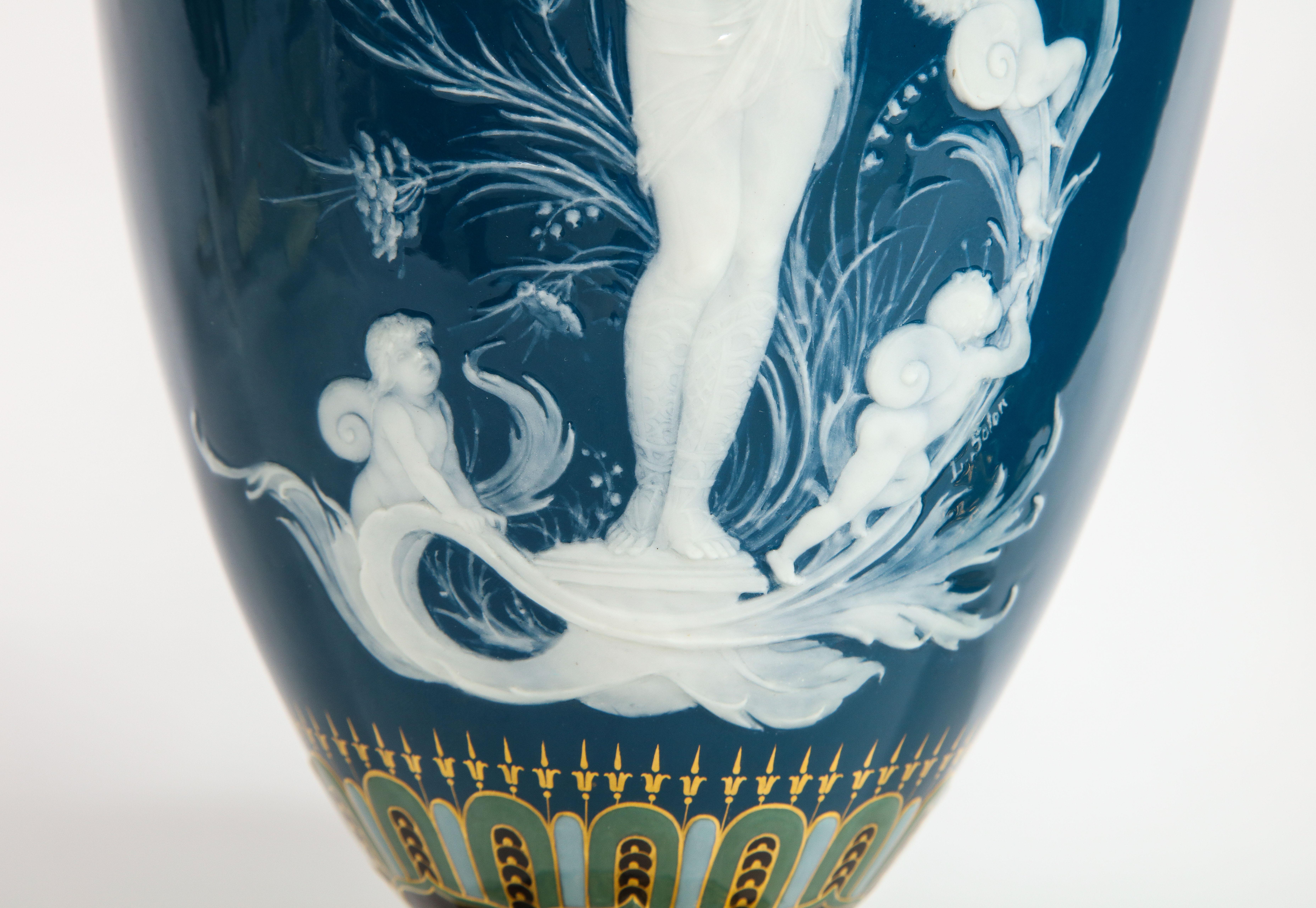 Pr. Mintons Pâte-sur-pâte Blue-Ground Vases, 'Too Fast' & 'Too Slow', L. Solon 2